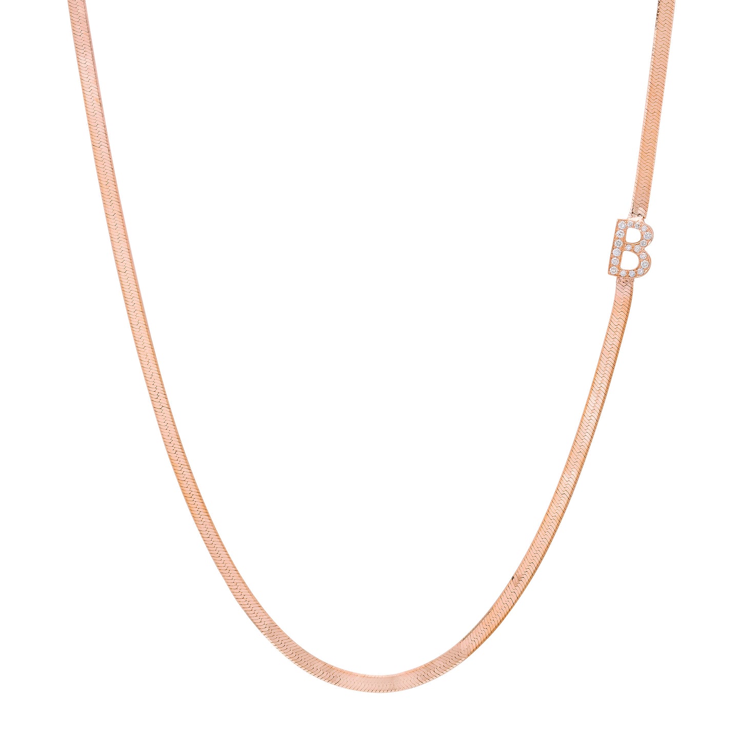 14K Gold Diamond Initial Herringbone Chain Necklace ~ 2.3mm Width