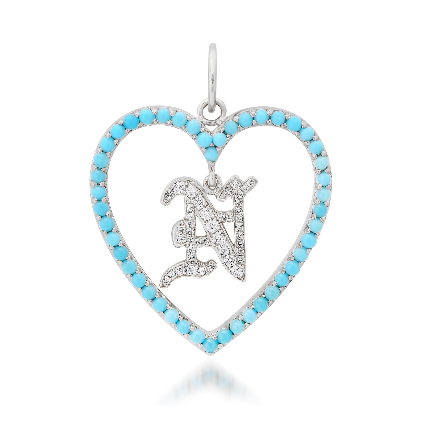 14K Gold Dangling Diamond Initial Turquoise Heart Shape Frame Pendant, Large Size