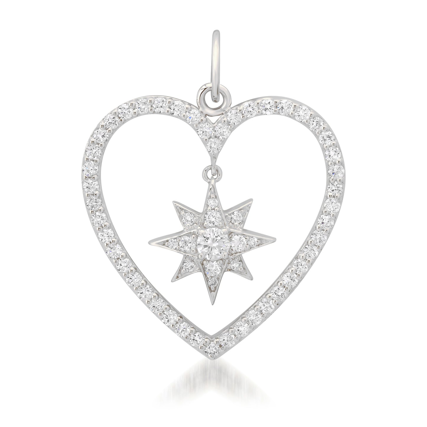 14K Gold Dangling Diamond Starburst Heart Shape Frame Pendant, Large Size