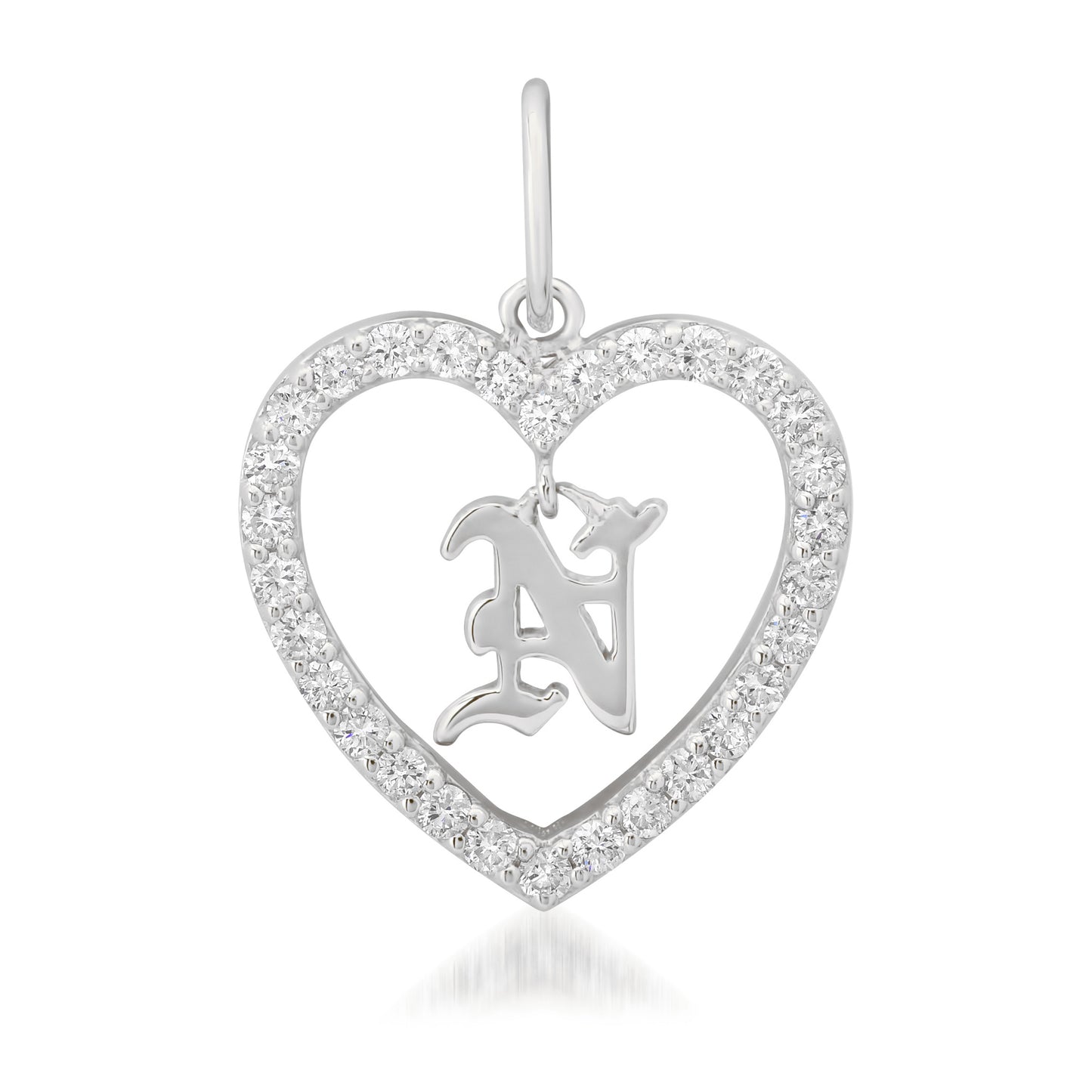 14K Gold Dangling Initial Diamond Heart Shape Frame Pendant, Medium Size