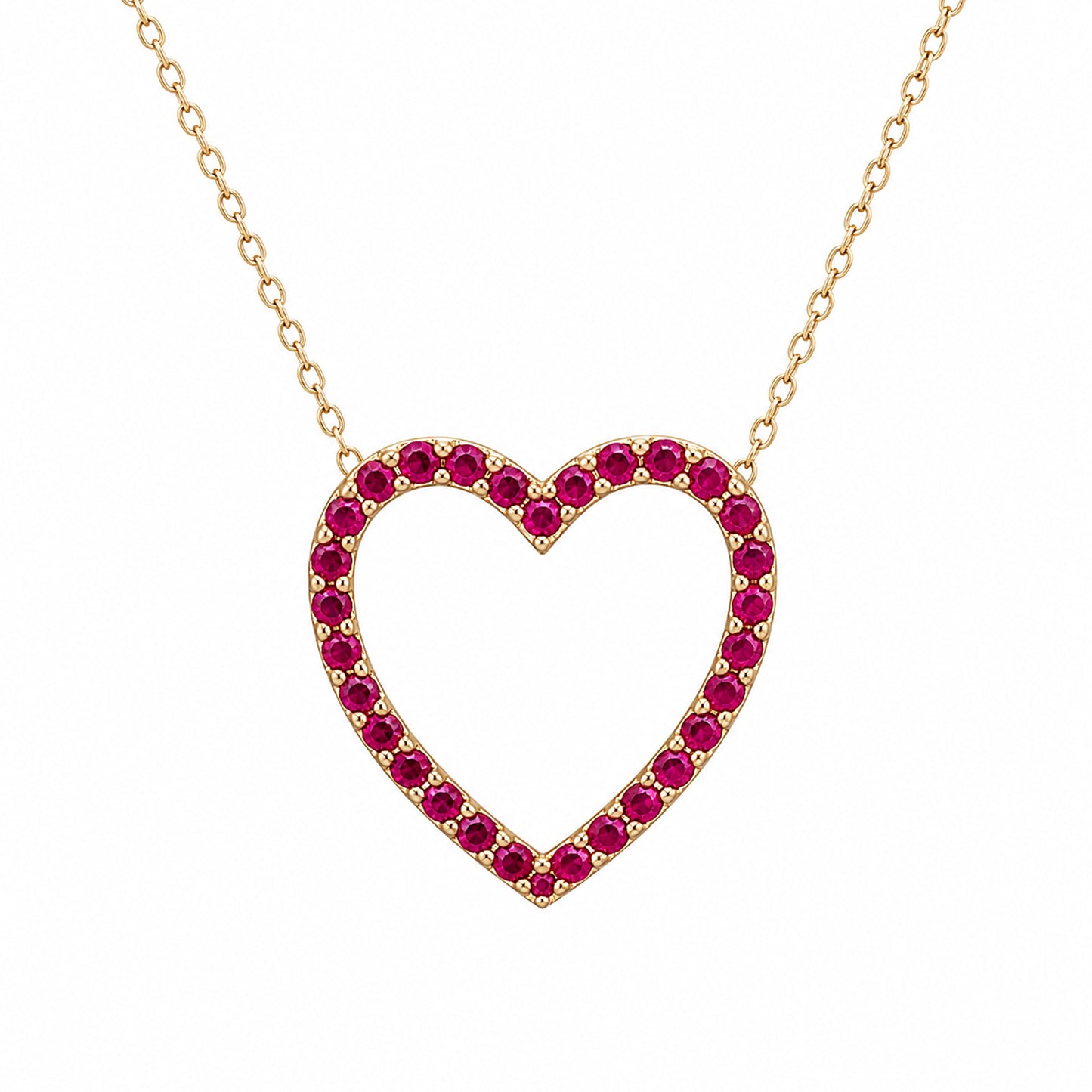 14K Gold Ruby Heart Shape Frame Necklace, Medium Size