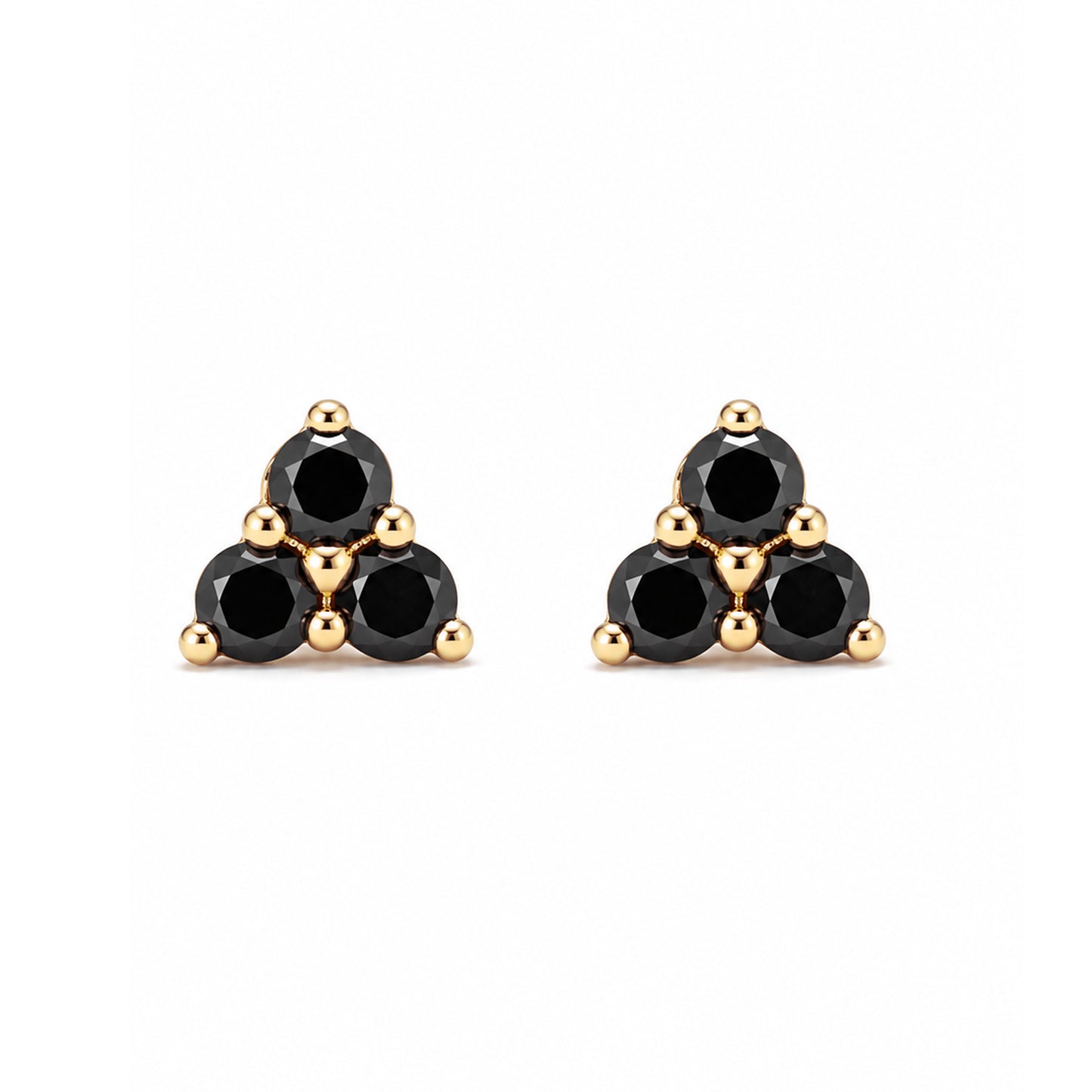 14K Gold Triple Black Diamond Trinity Cluster Stud Earrings