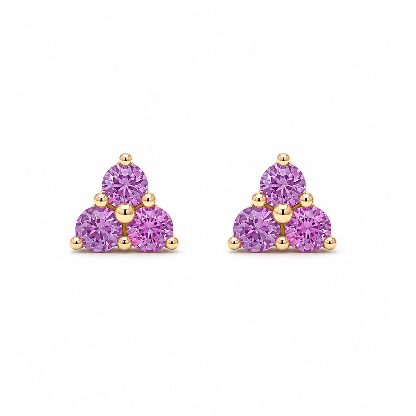 14K Gold Triple Purple Sapphire Trinity Cluster Stud Earrings