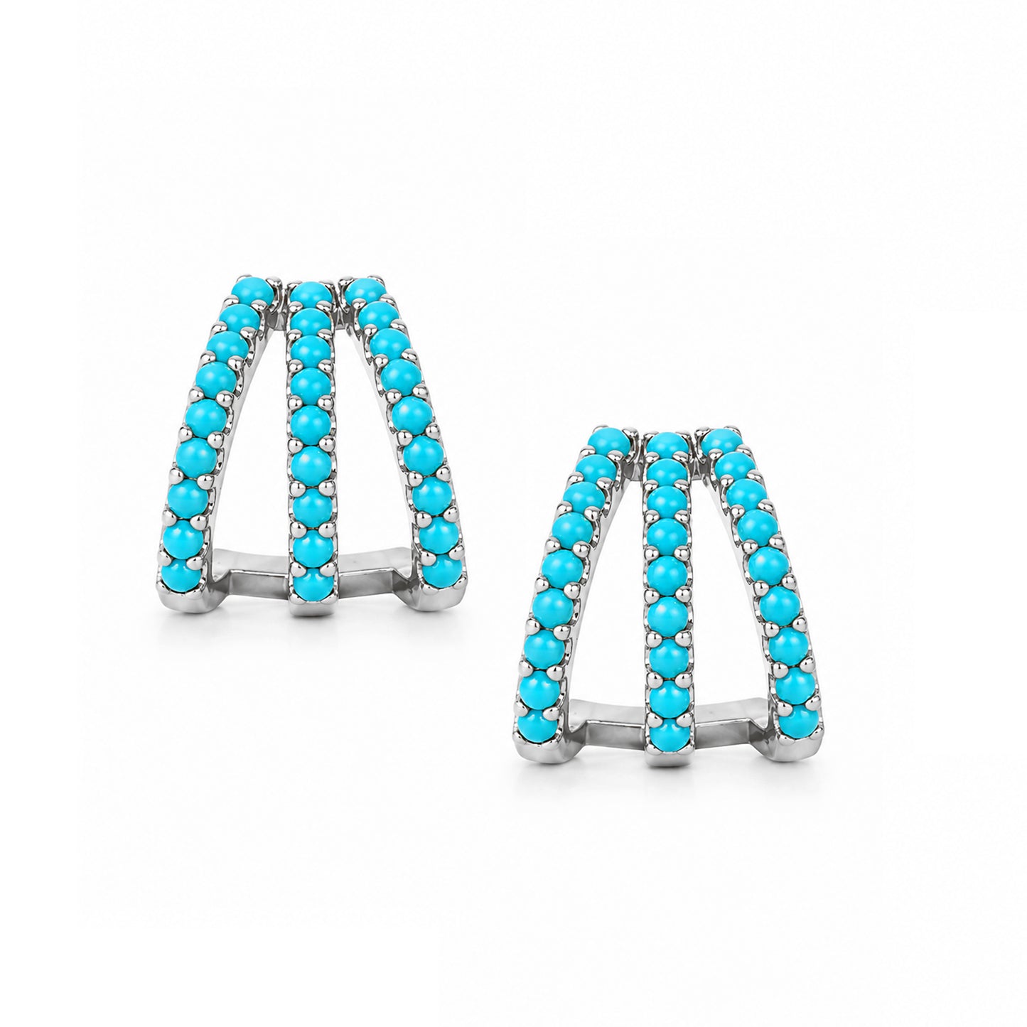 14K Gold Pavé Turquoise Gemstone 3 Row Hoop Stud Earrings