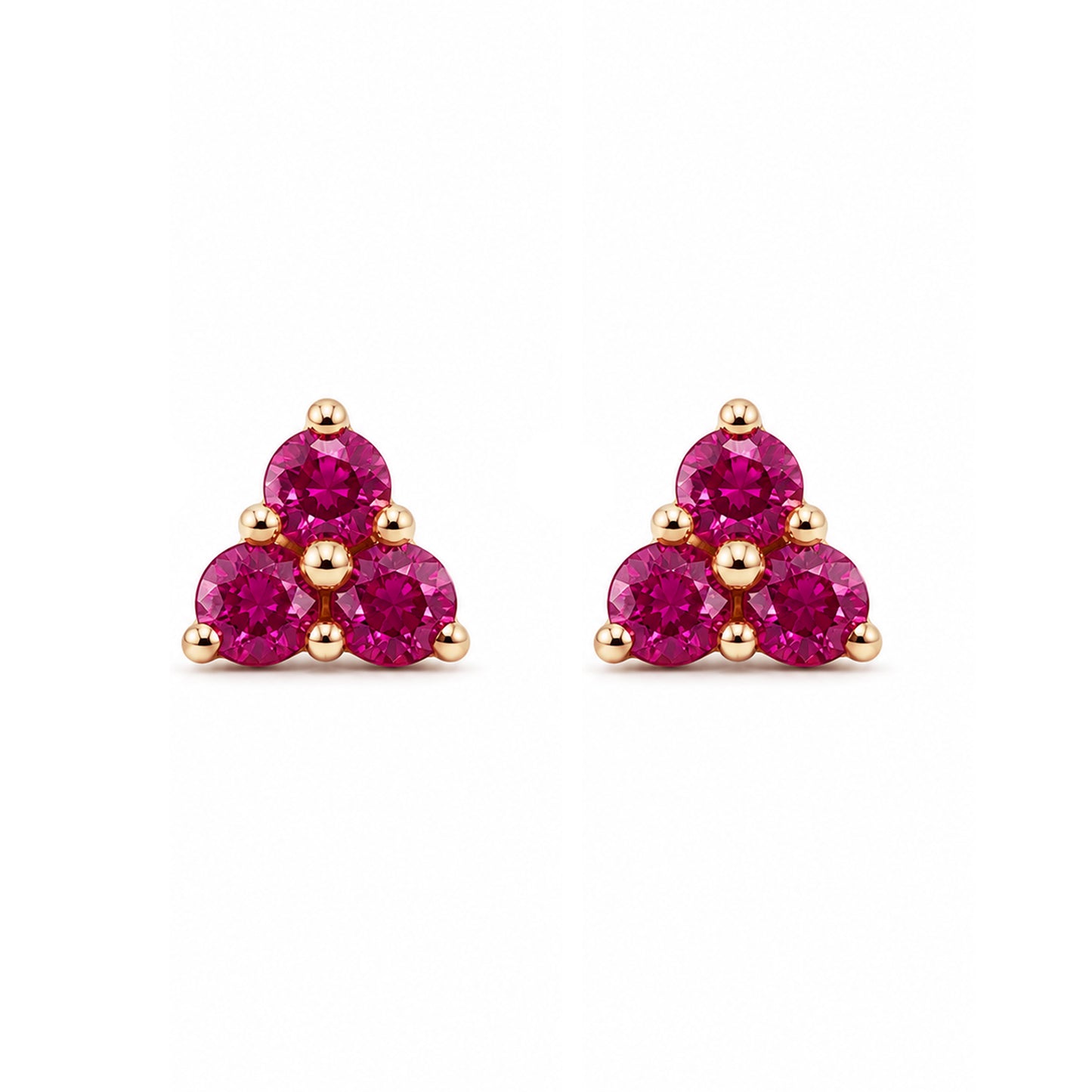 14K Gold Triple Ruby Trinity Cluster Stud Earrings