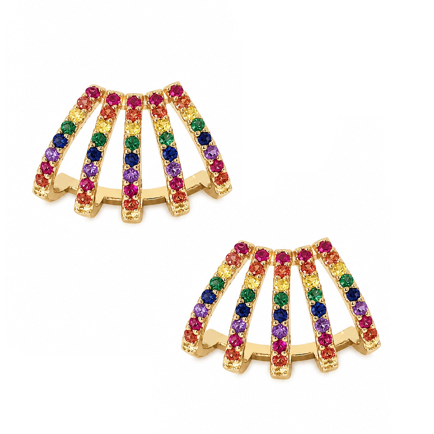 14K Gold Pavé Rainbow Gemstone 5 Row Hoop Stud Earrings