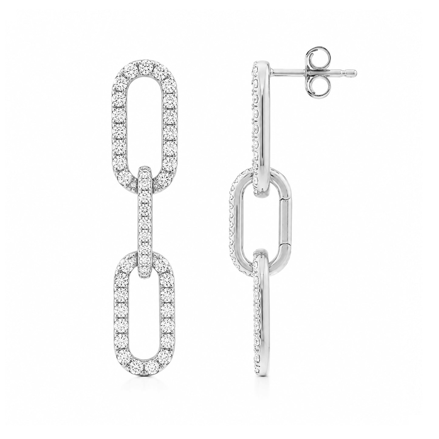 14K Gold Full Pavé Diamond Enhancer & Thick Oval Link Chain Convertible Dangle Stud Earrings, Large Size Links
