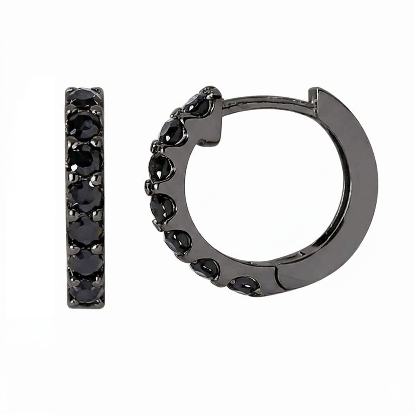 14K Gold Black Diamond Thick Huggie Hoop Earrings (13.75mm x 9.5mm)