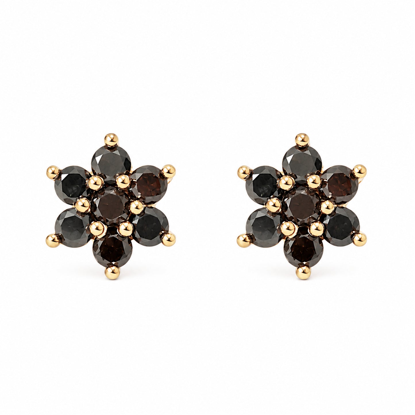 14K Gold Black Diamond Rosebud Flower Stud Earrings