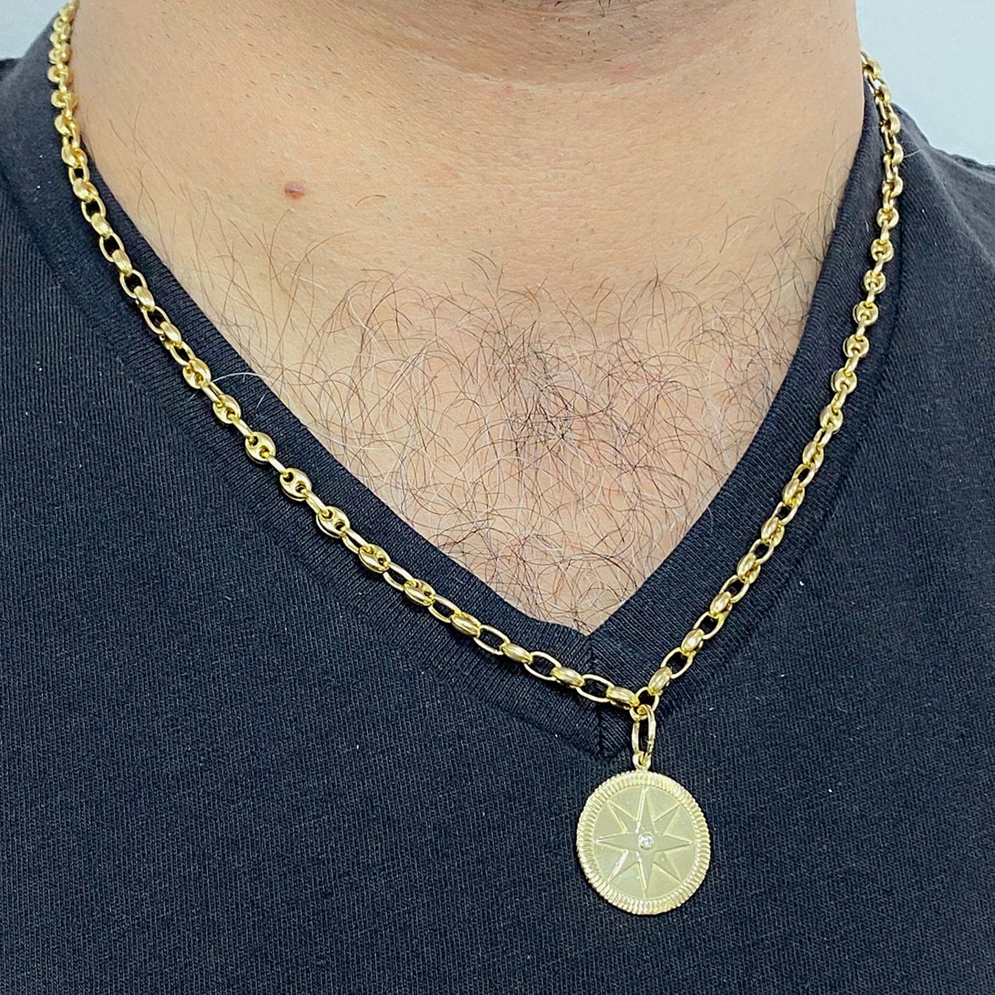 14K Gold Puffy Mariner Anchor Link Chain Necklace, 4mm Width