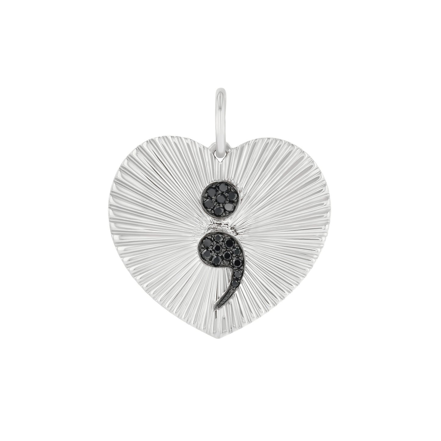 14K Gold Pavé Black Diamond Semicolon Fluted Heart Medallion Pendant, Large Size Heart