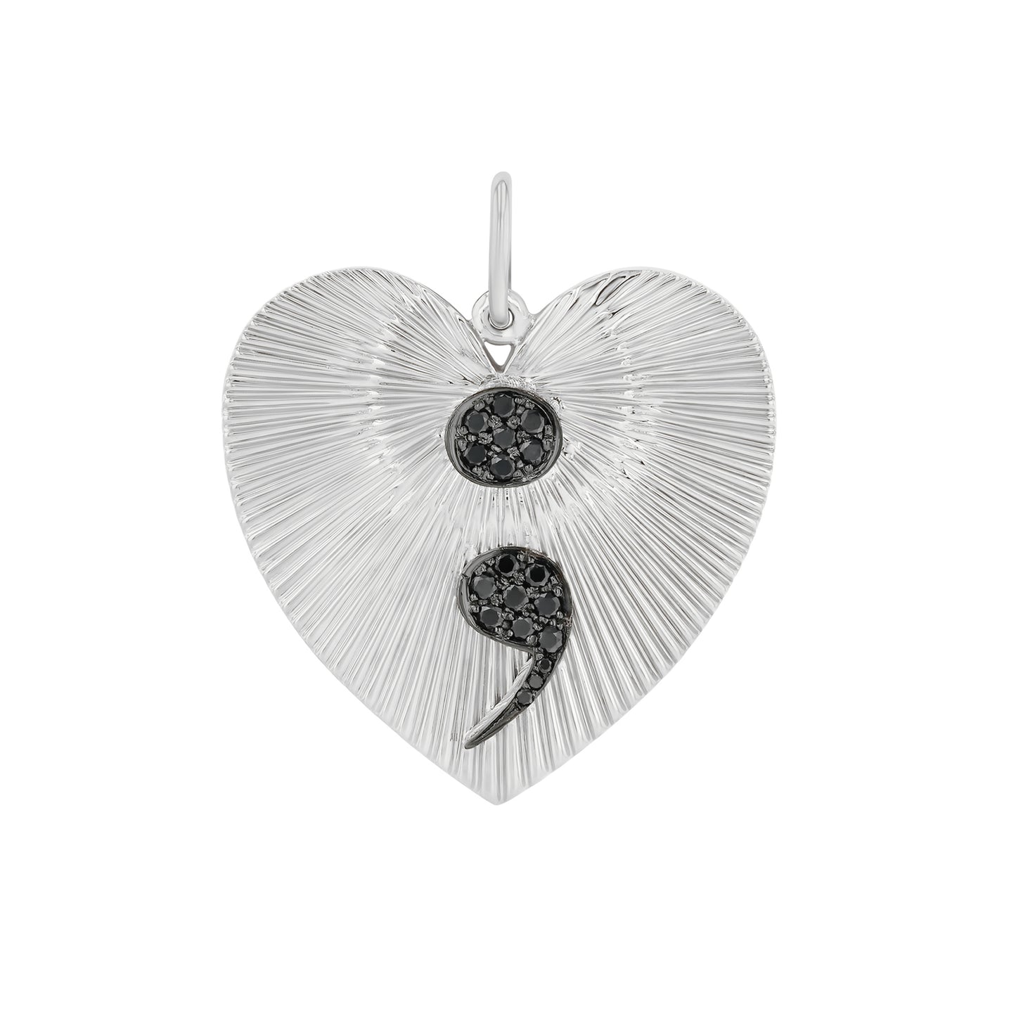 14K Gold Pavé Black Diamond Semicolon Fluted Heart Medallion Pendant, XL Size Heart
