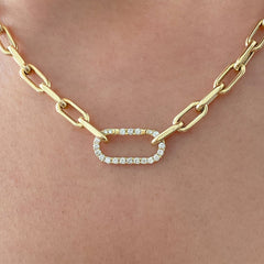 14K Gold Thick Oval Link Diamond Enhancer Lock Necklace
