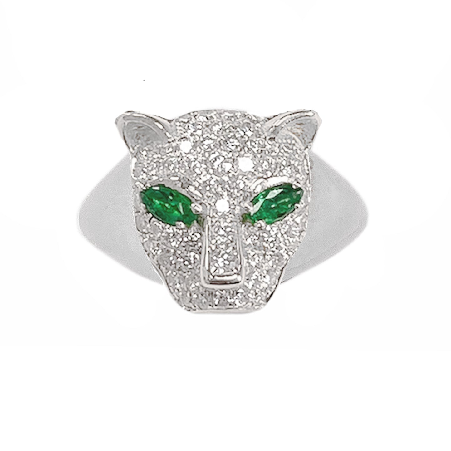14K Gold Diamond Pavé Panther Signet Ring ~ Marquise Emerald Eyes