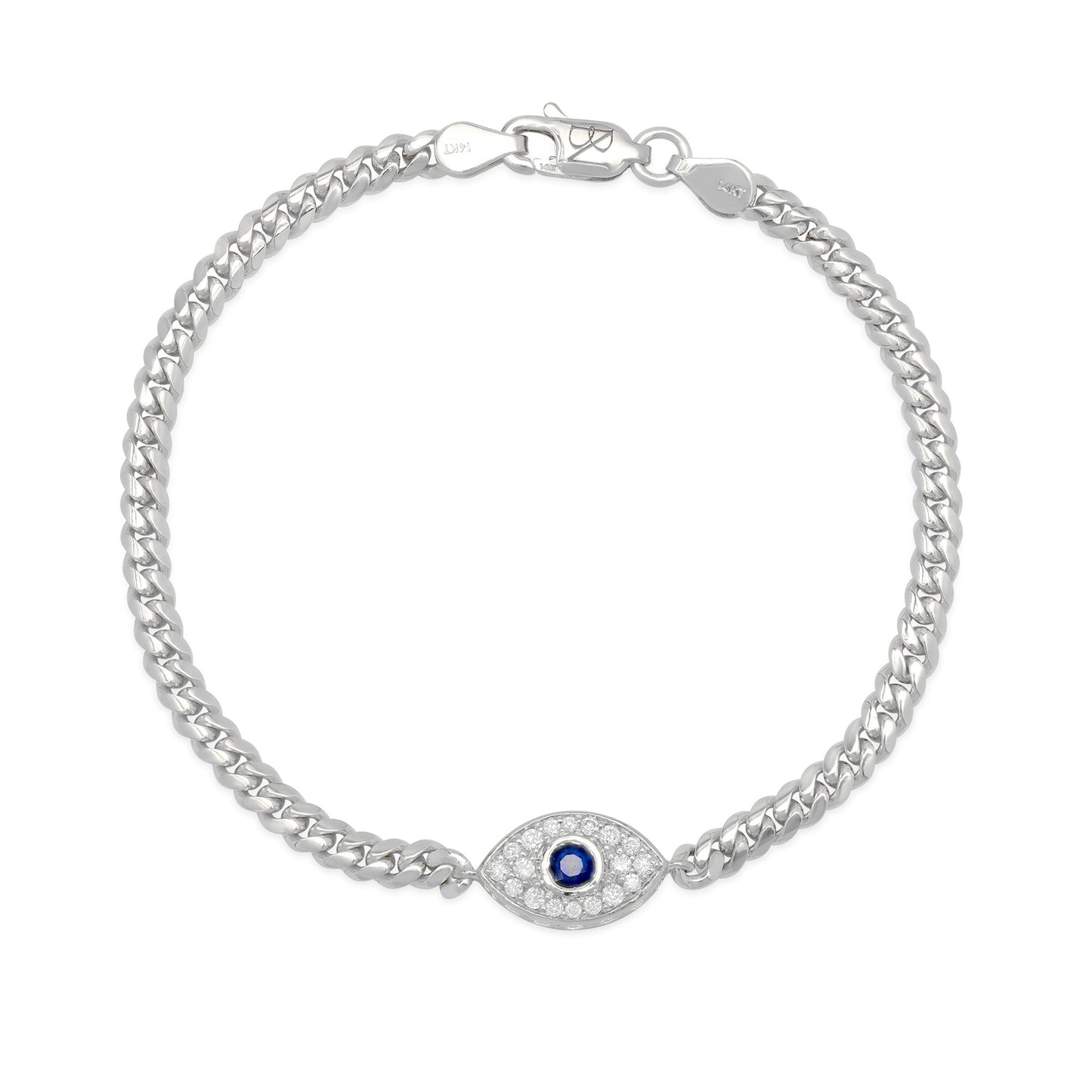 14K Gold Pavé Diamond & Sapphire Evil Eye Bracelet, 3mm Miami Cuban Link Chain