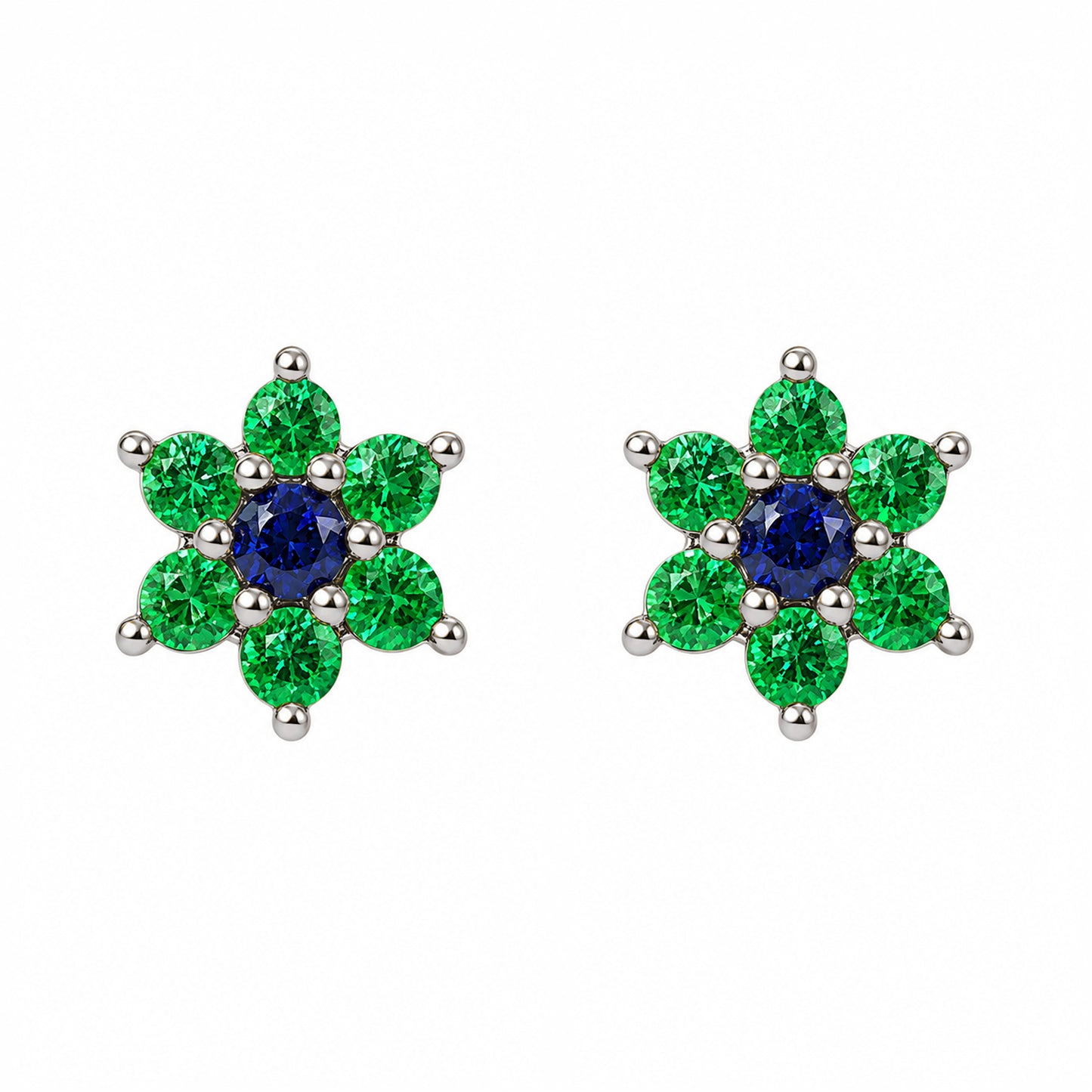 14K Gold Emerald & Sapphire Rosebud Flower Stud Earrings