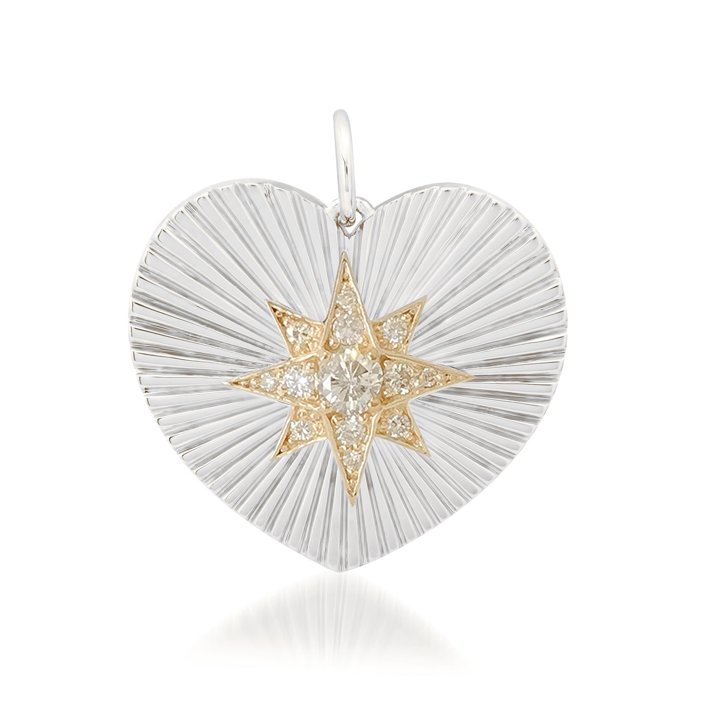 14K Gold Pavé Diamond Starburst Fluted Heart Medallion Pendant, Large Size Heart