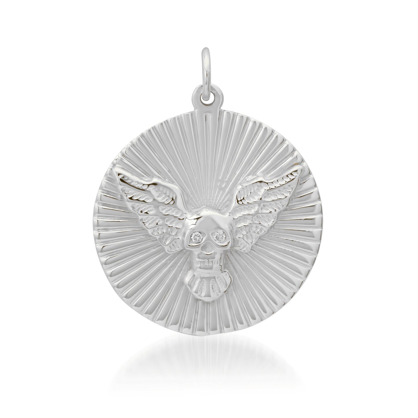 14K Gold Diamond Flying Skull Fluted Medallion Pendant