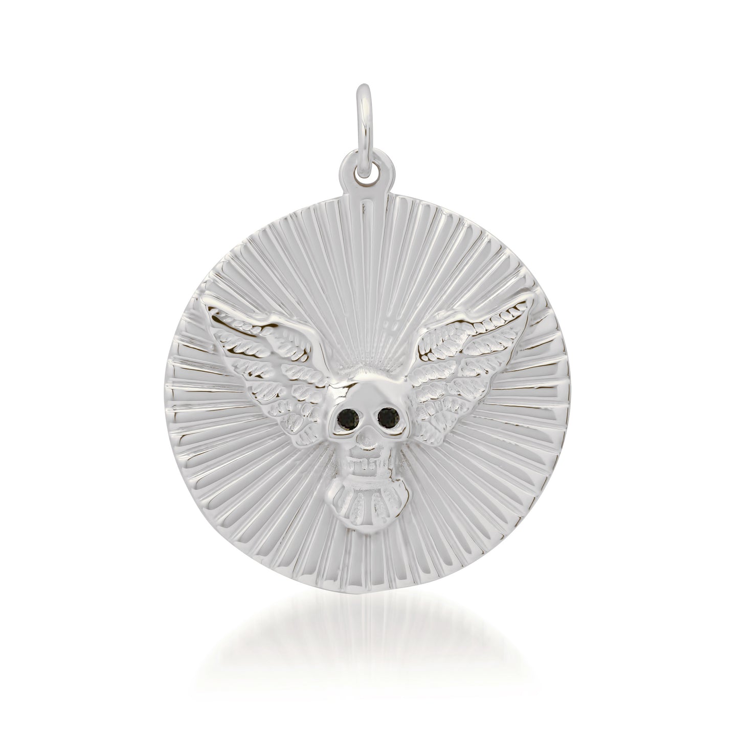 14K Gold Black Diamond Flying Skull Fluted Medallion Pendant