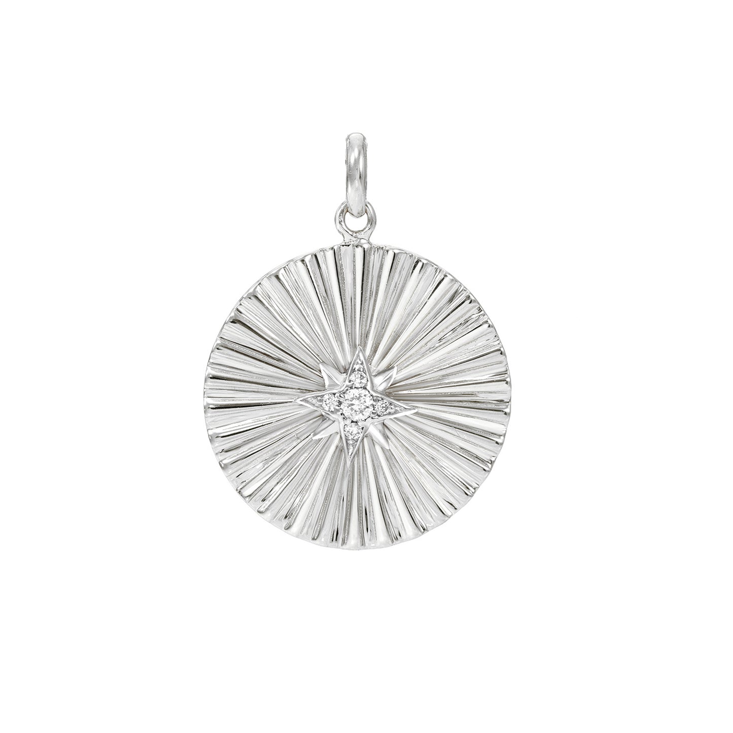 14K Gold Small Size Diamond Starburst Fluted Medallion Charm Pendant