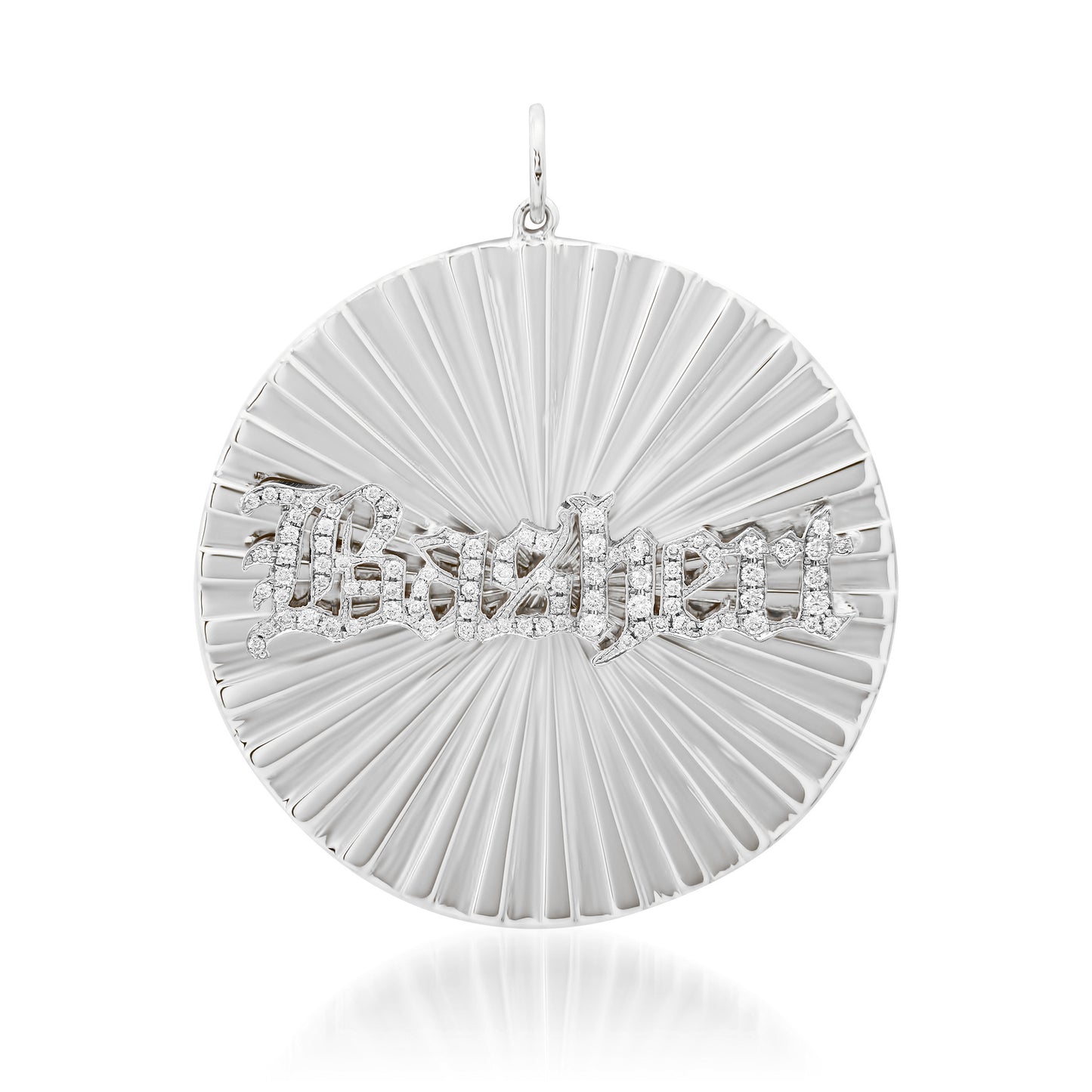 14K Gold Pavé Diamond Nameplate XXL Fluted Round Medallion Pendant ~ Old English, Block or Script Font