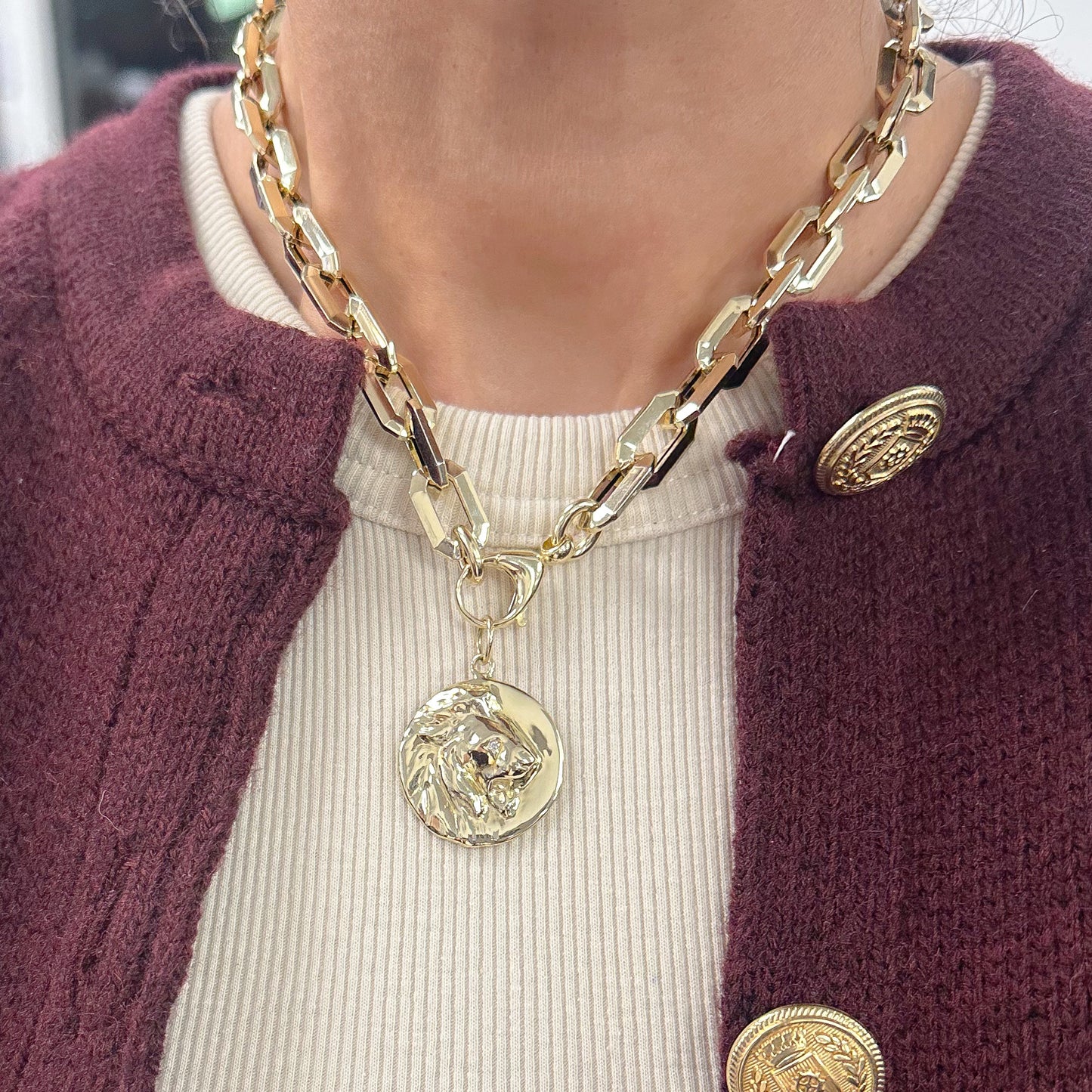 14K Gold Thick Faceted Octagonal Link Necklace