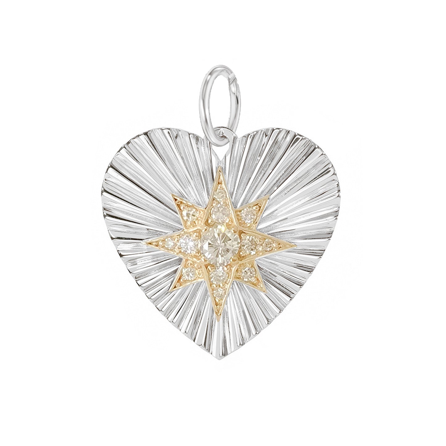 14K Gold Pavé Diamond Starburst Fluted Heart Medallion Pendant, Medium Size Heart