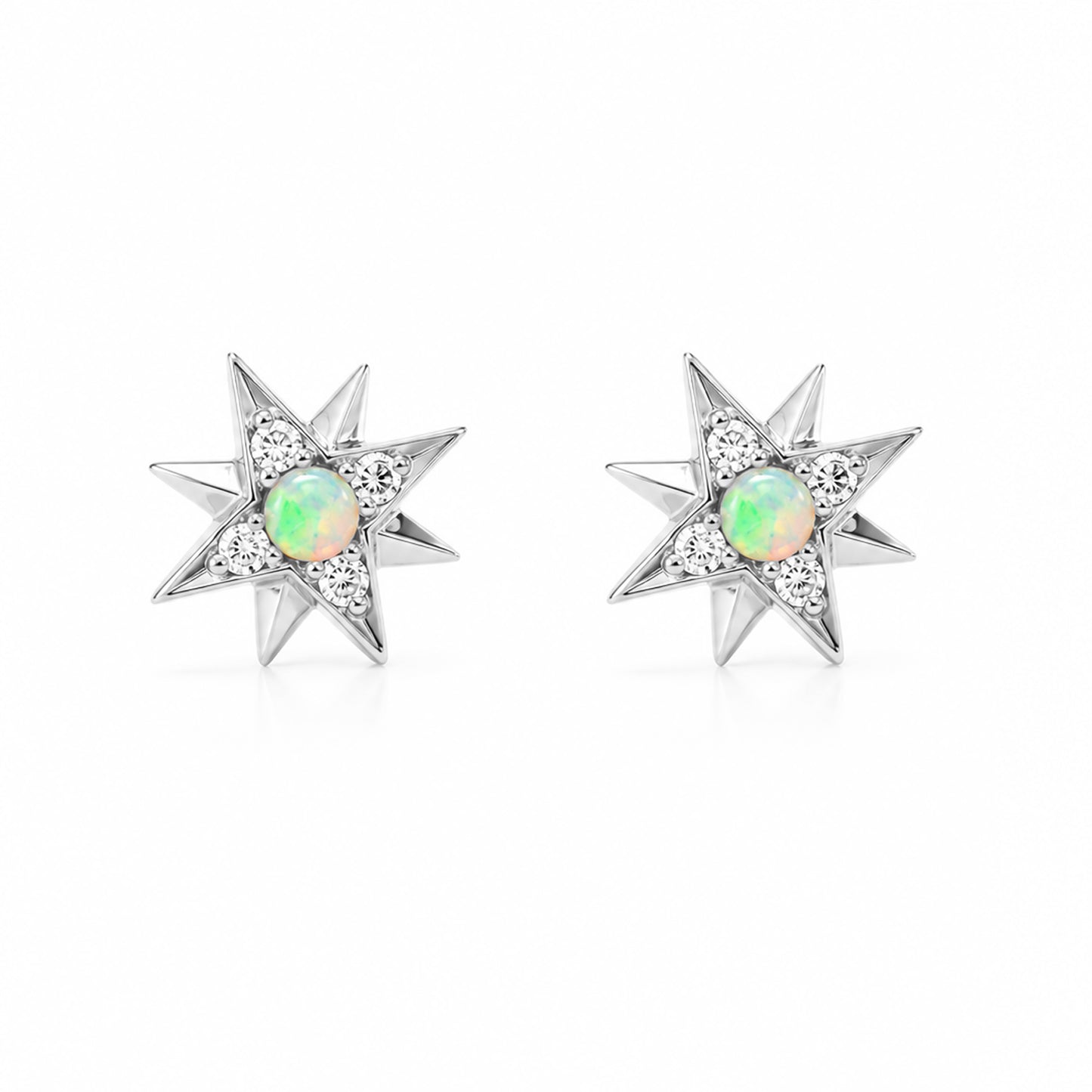 14K Gold Opal & Pavé Diamond Starburst Stud Earrings