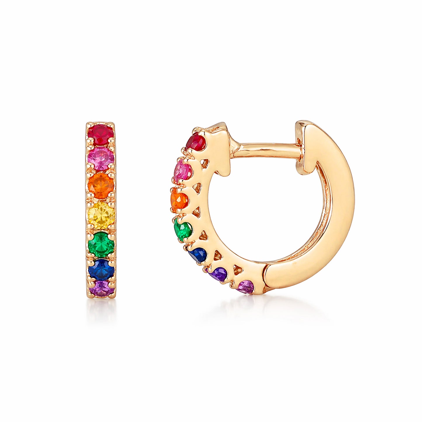 14K Gold Rainbow Gemstone Thick Huggie Hoop Earrings (11mm x 6mm)