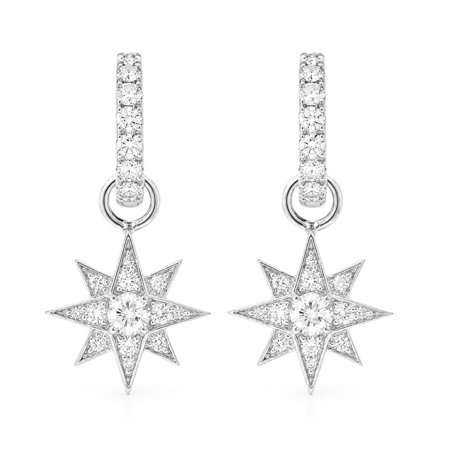 14K Gold Pavé Diamond Starburst Dangle Huggie Hoop Earrings ~ Convertible Large Size Starburst Charm