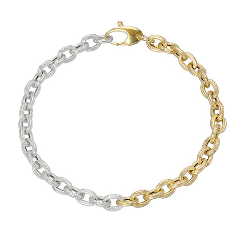 14K Gold Two-Tone Rustic Thick Oval Link Bracelet, Small Size Links
