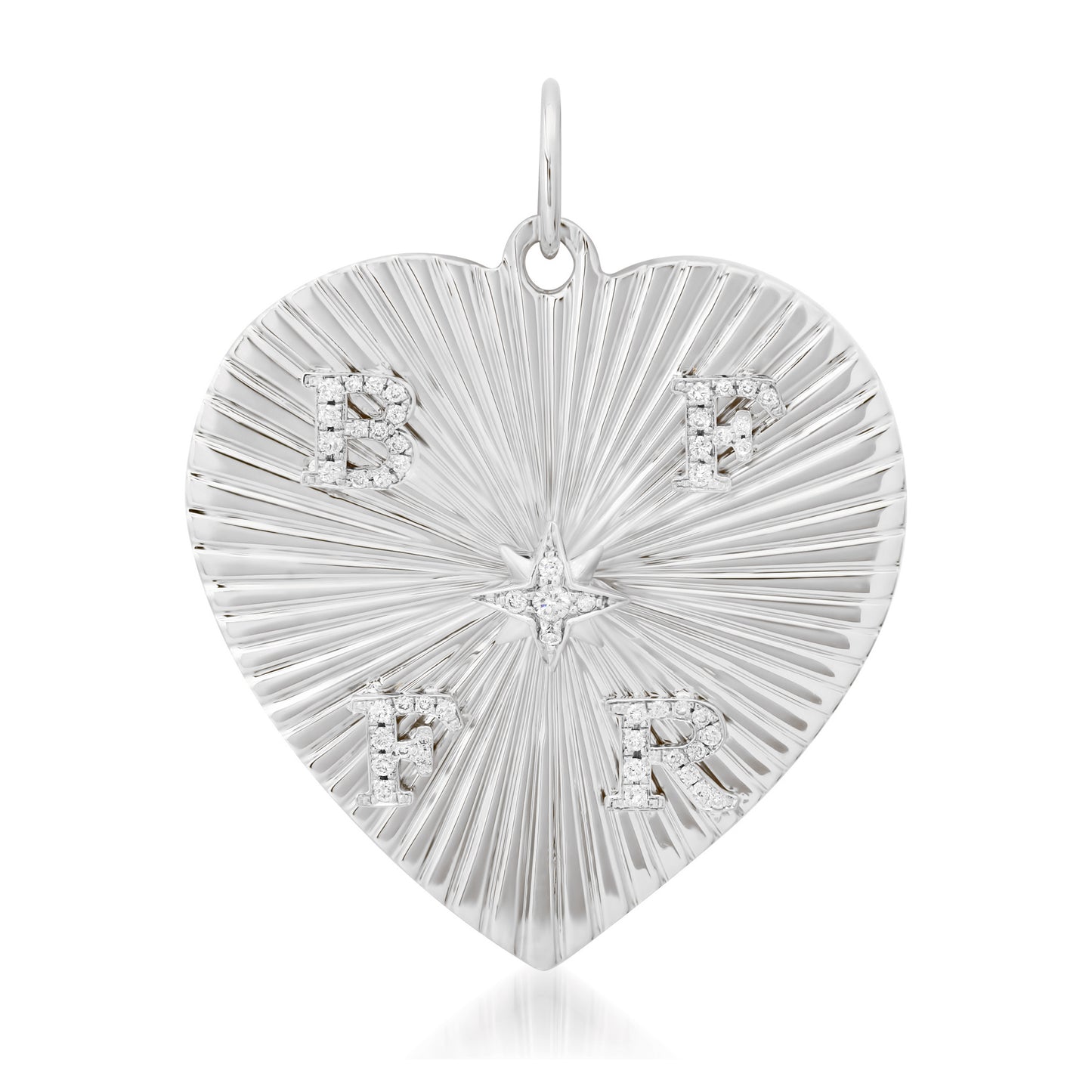 14K Gold Pavé Diamond Four Initial Fluted Heart Medallion Pendant, XXL Size