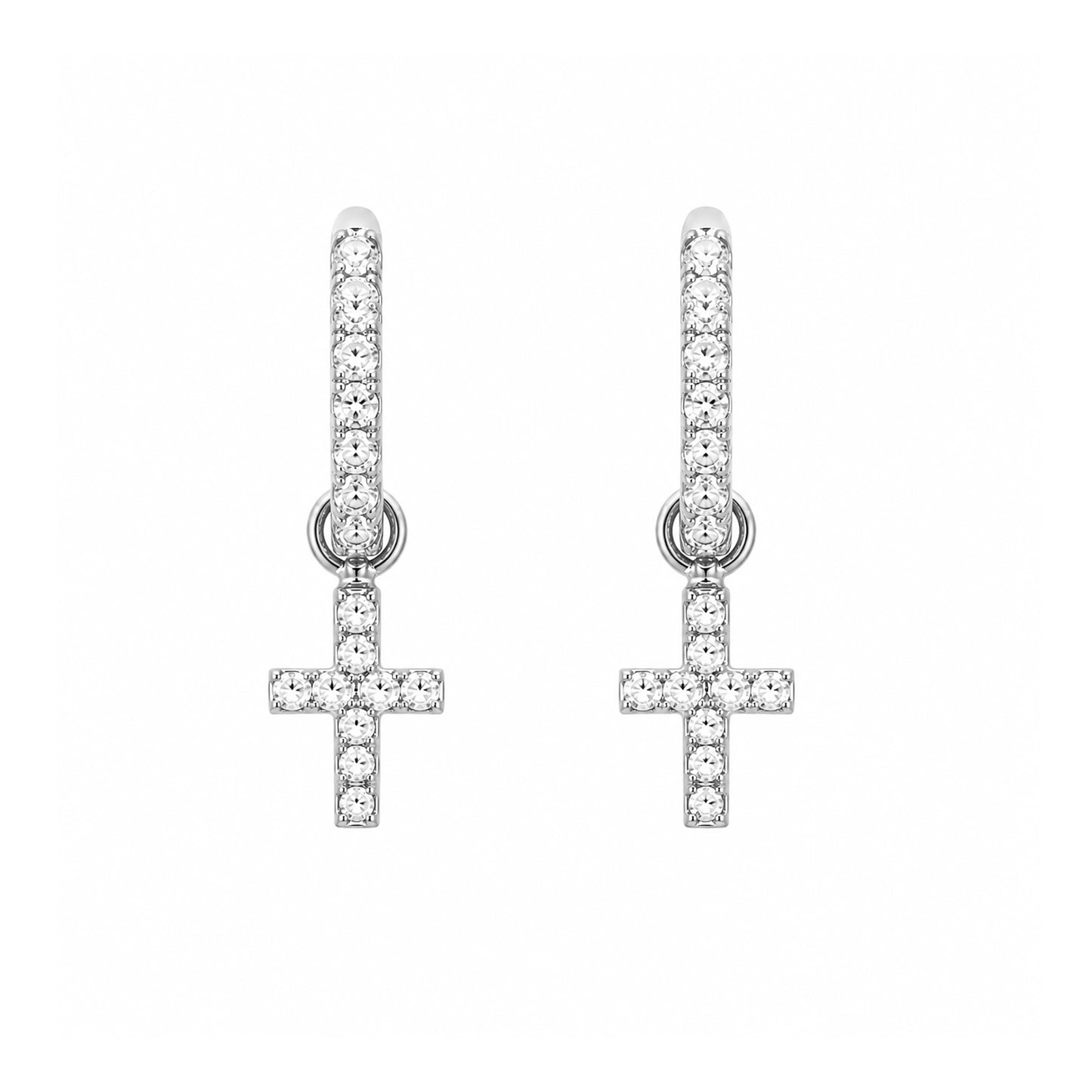 14K Gold Pavé Diamond Cross Dangle Huggie Hoop Earrings ~ Convertible Charm