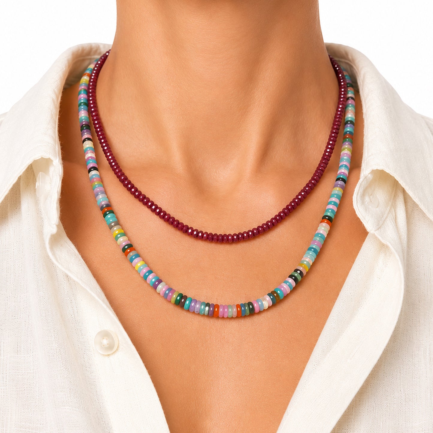 14K Gold Faceted Ruby Rondelle Beaded Necklace, 3mm Size