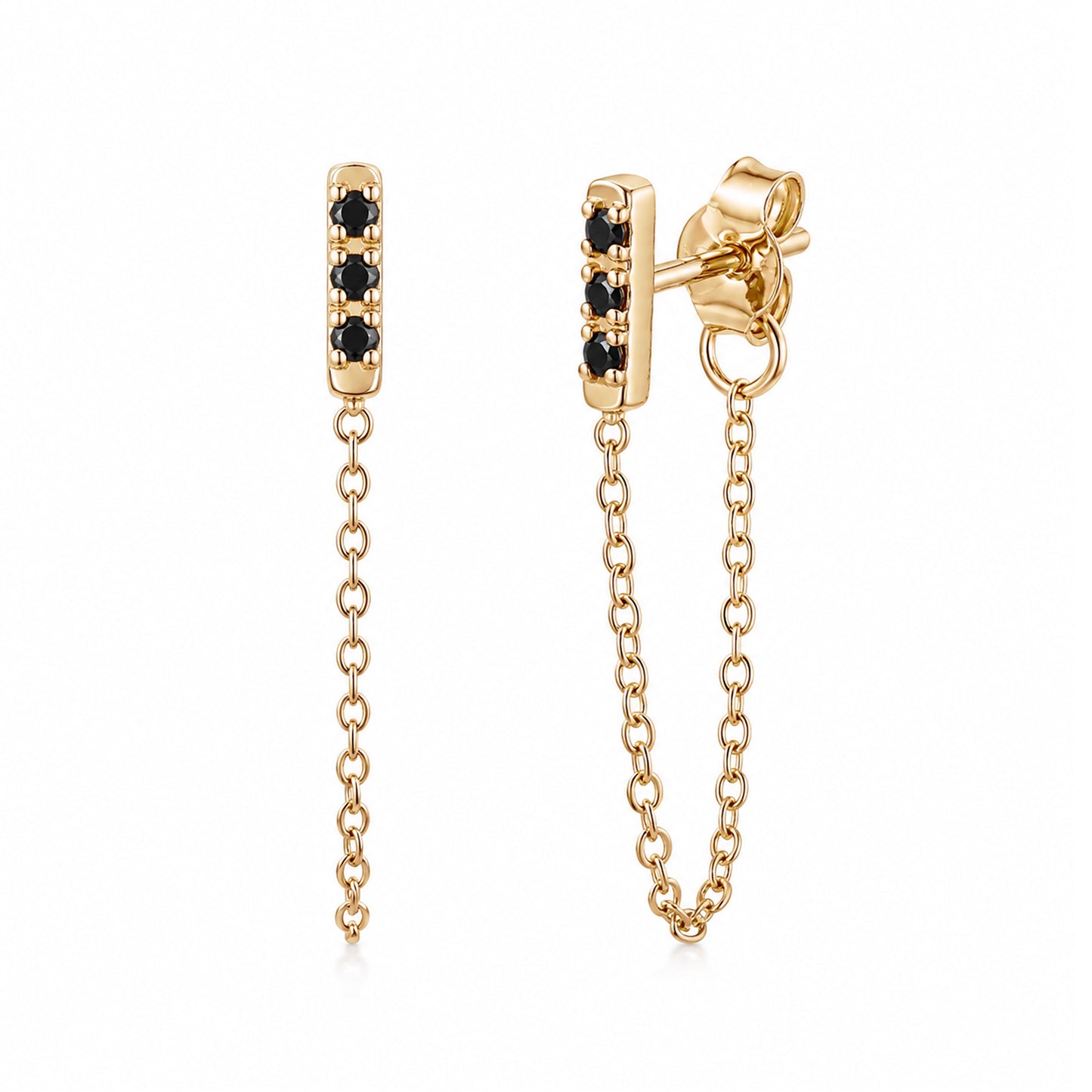 14K Gold Pavé Black Diamond XS Bar Chain Dangle Stud Earrings