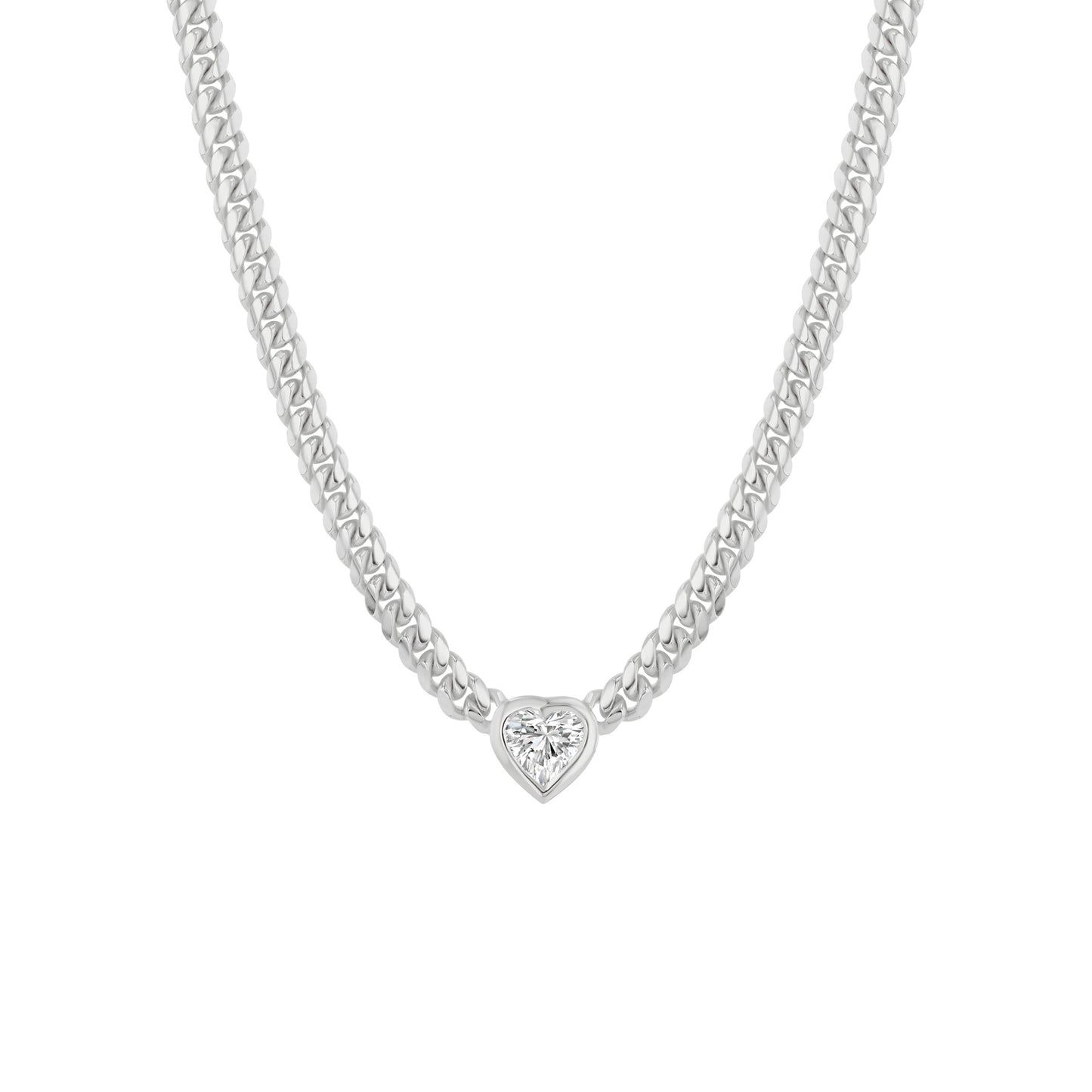 14K Gold Diamond Heart Solitaire Miami Cuban Link Chain Necklace