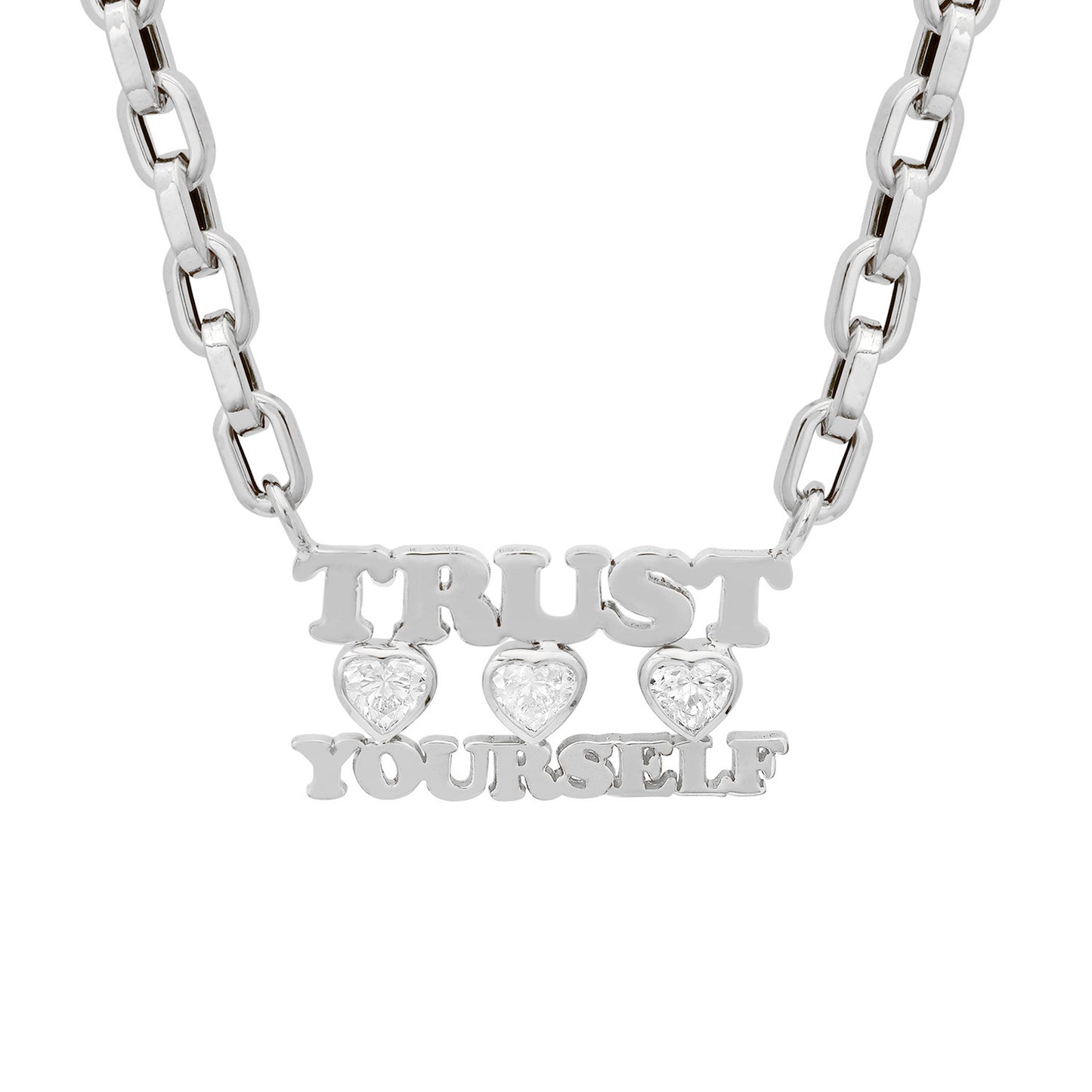 14K Gold Custom Stacked Double Name Charm Necklace ~ Block Font with Diamond Bezel Hearts