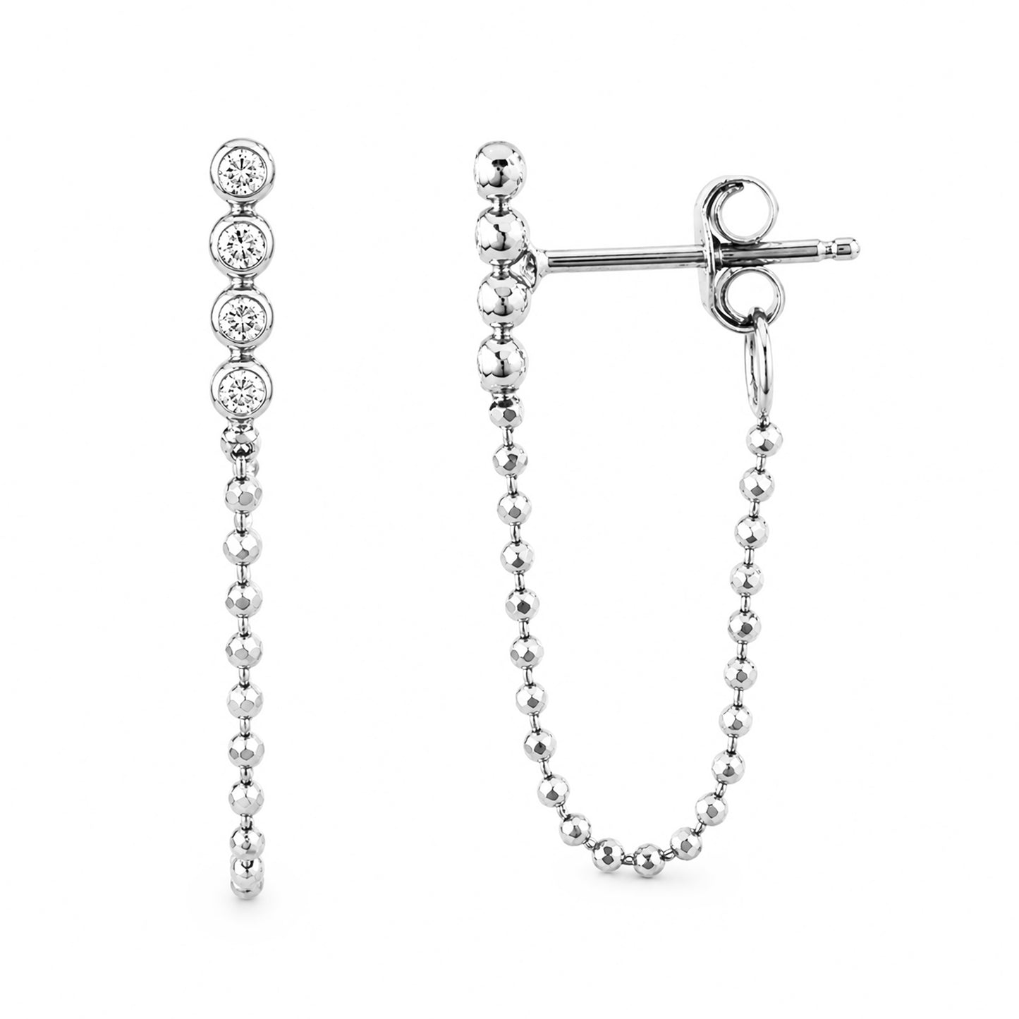 14K Gold Diamond Ball Bar Chain Dangle Stud Earrings