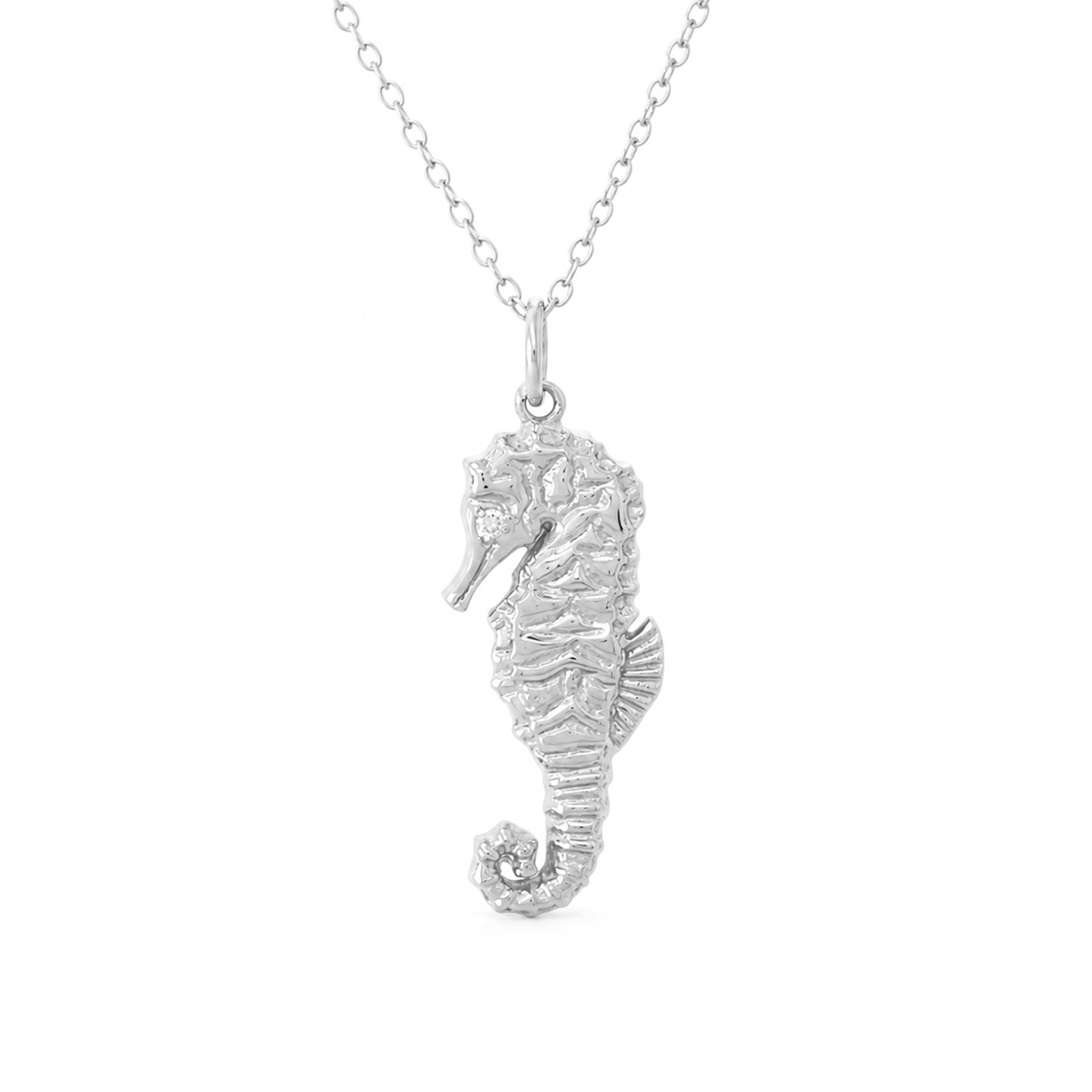 14K Gold Seahorse Pendant Necklace with Diamond Eye, Large Size