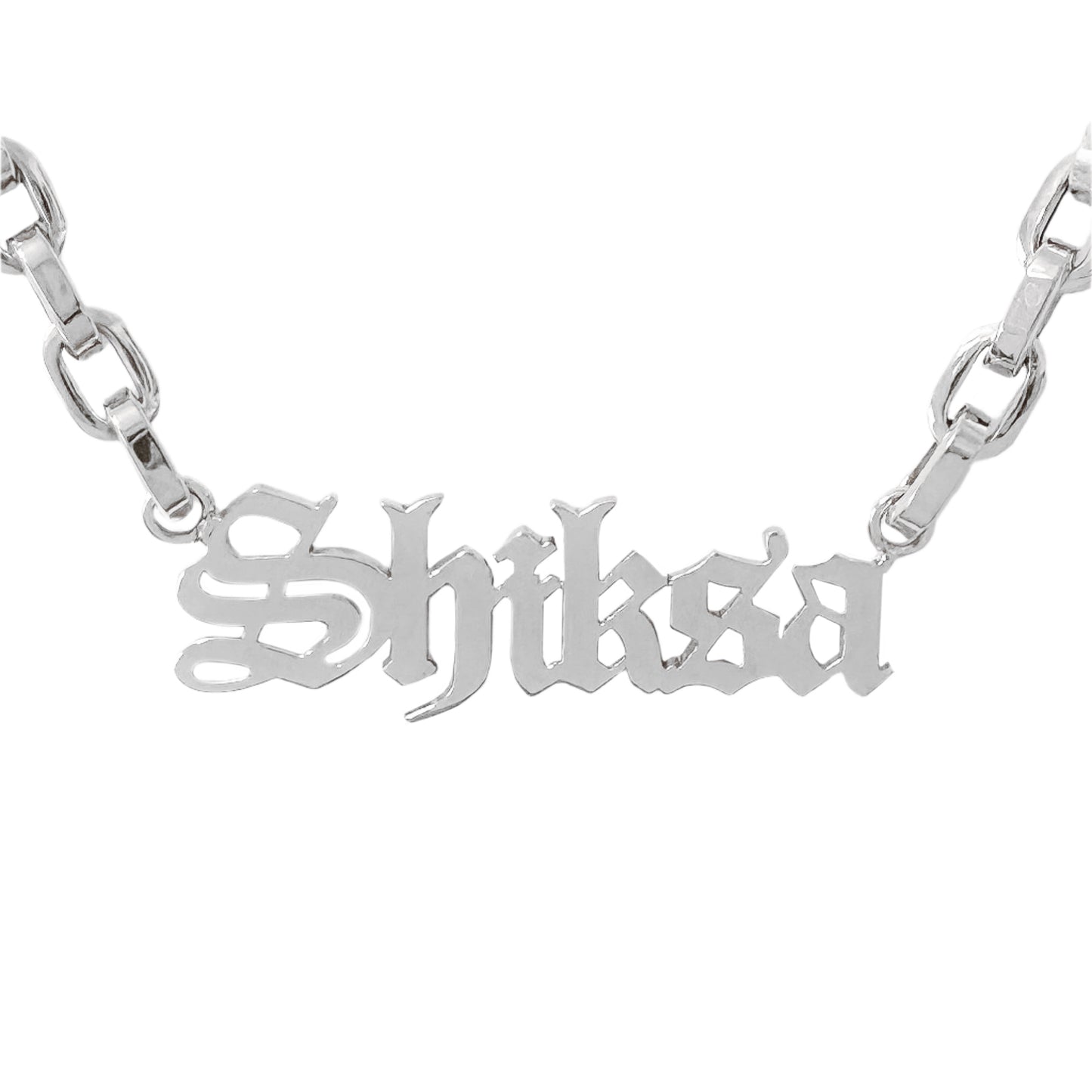 14K Gold Rolo Link Nameplate Necklace ~ Old English Font