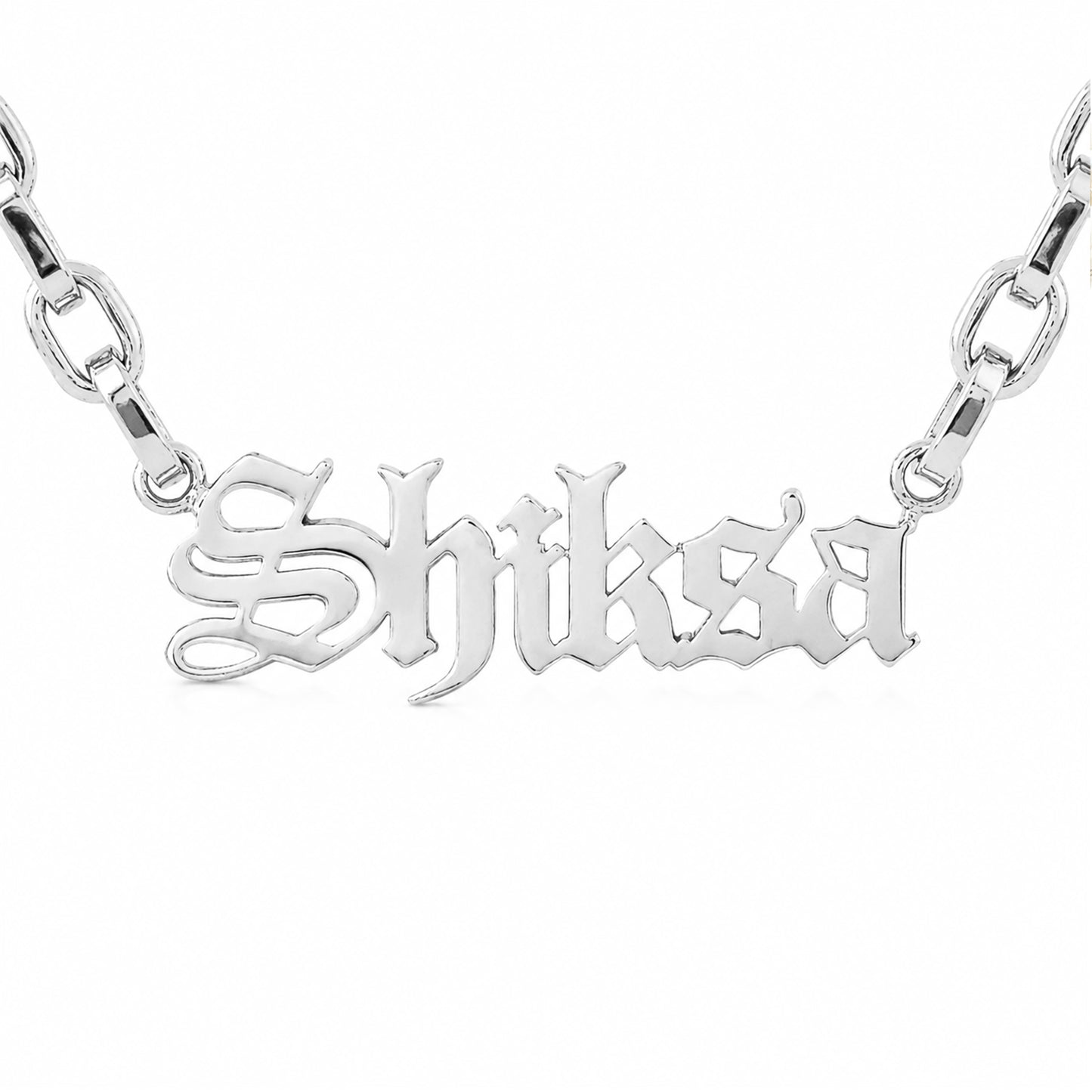 14K Gold Rolo Link Nameplate Necklace ~ Old English Font