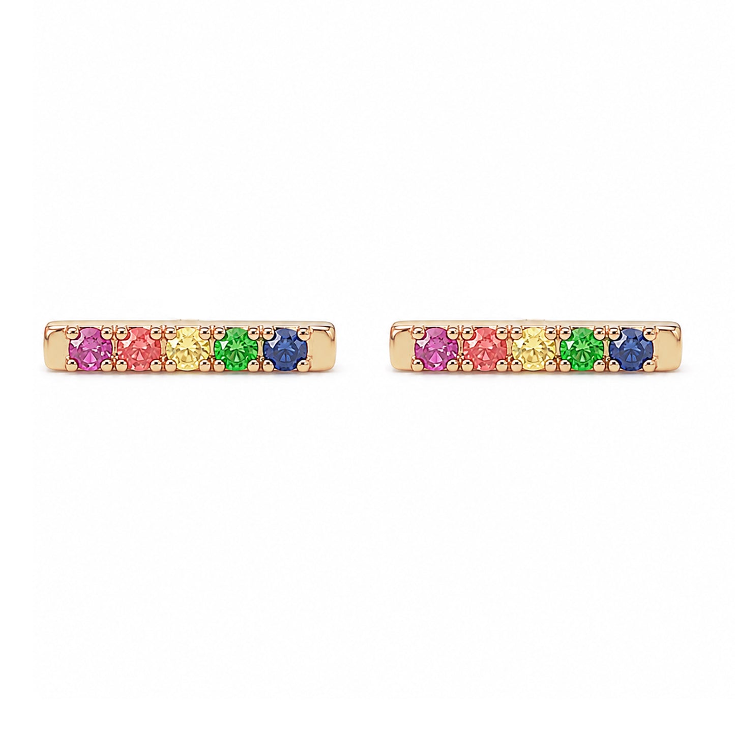 14K Gold Small Pavé Rainbow Gemstone Bar Stud Earrings