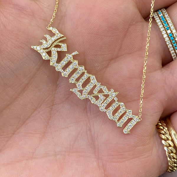 14K Gold Pavé Diamond Nameplate Pendant Necklace Old English Font