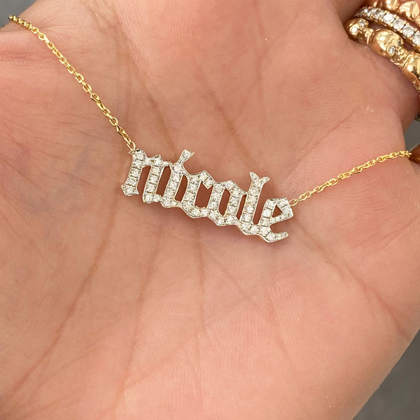 14K Gold Pavé Diamond Nameplate Pendant Necklace Old English Font