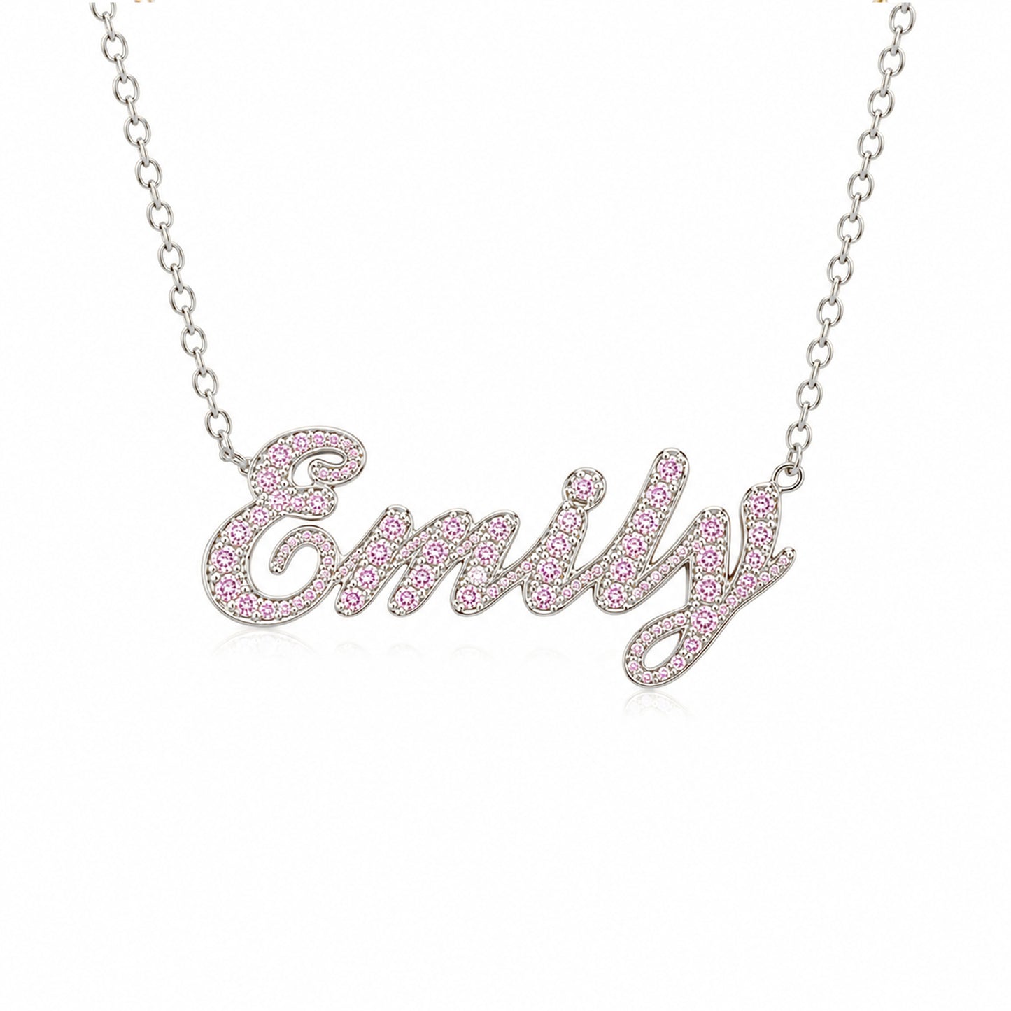 14K Gold Pavé Light Pink Sapphire Nameplate Pendant Necklace ~ Script Font