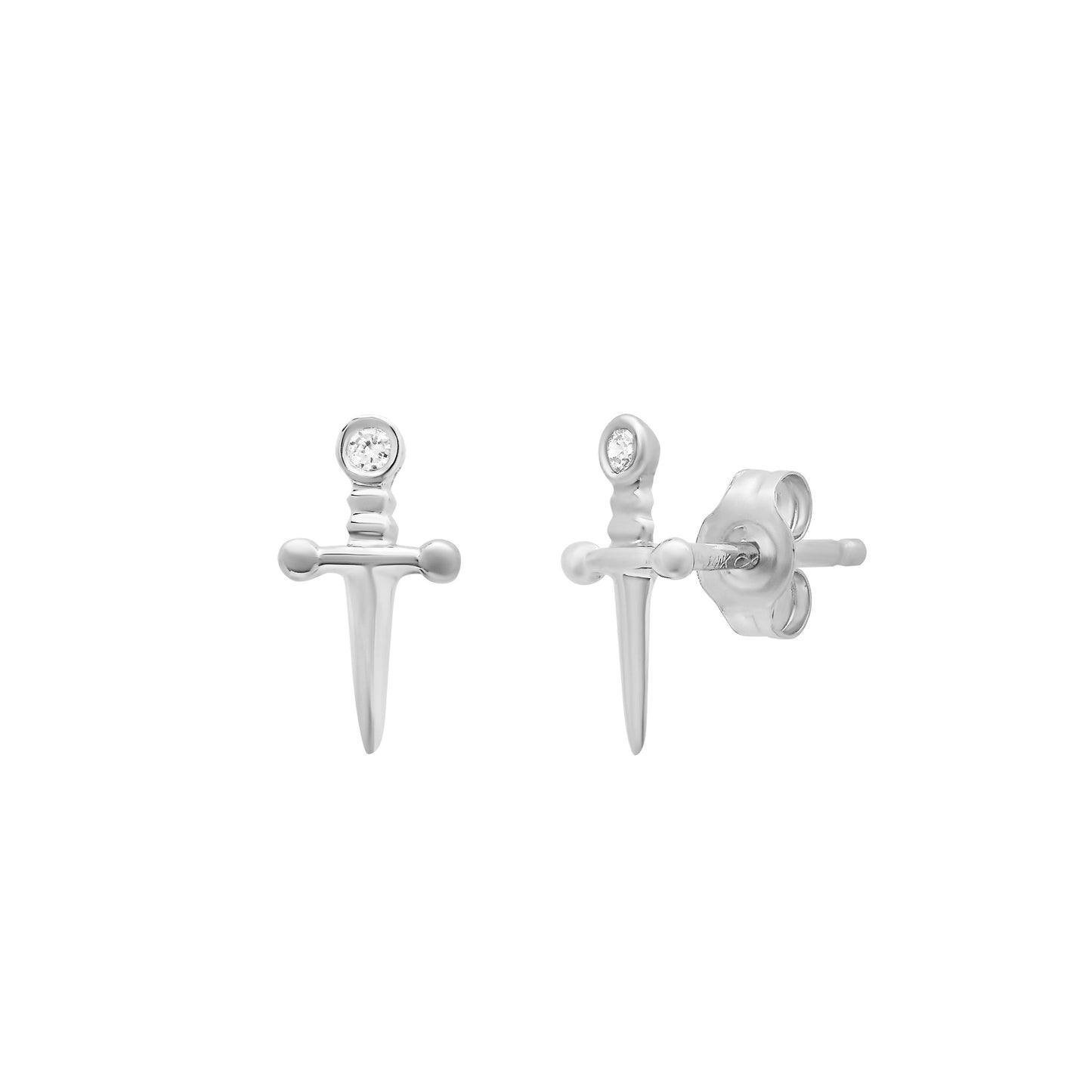 14K Gold Diamond Dagger Sword Stud Earrings