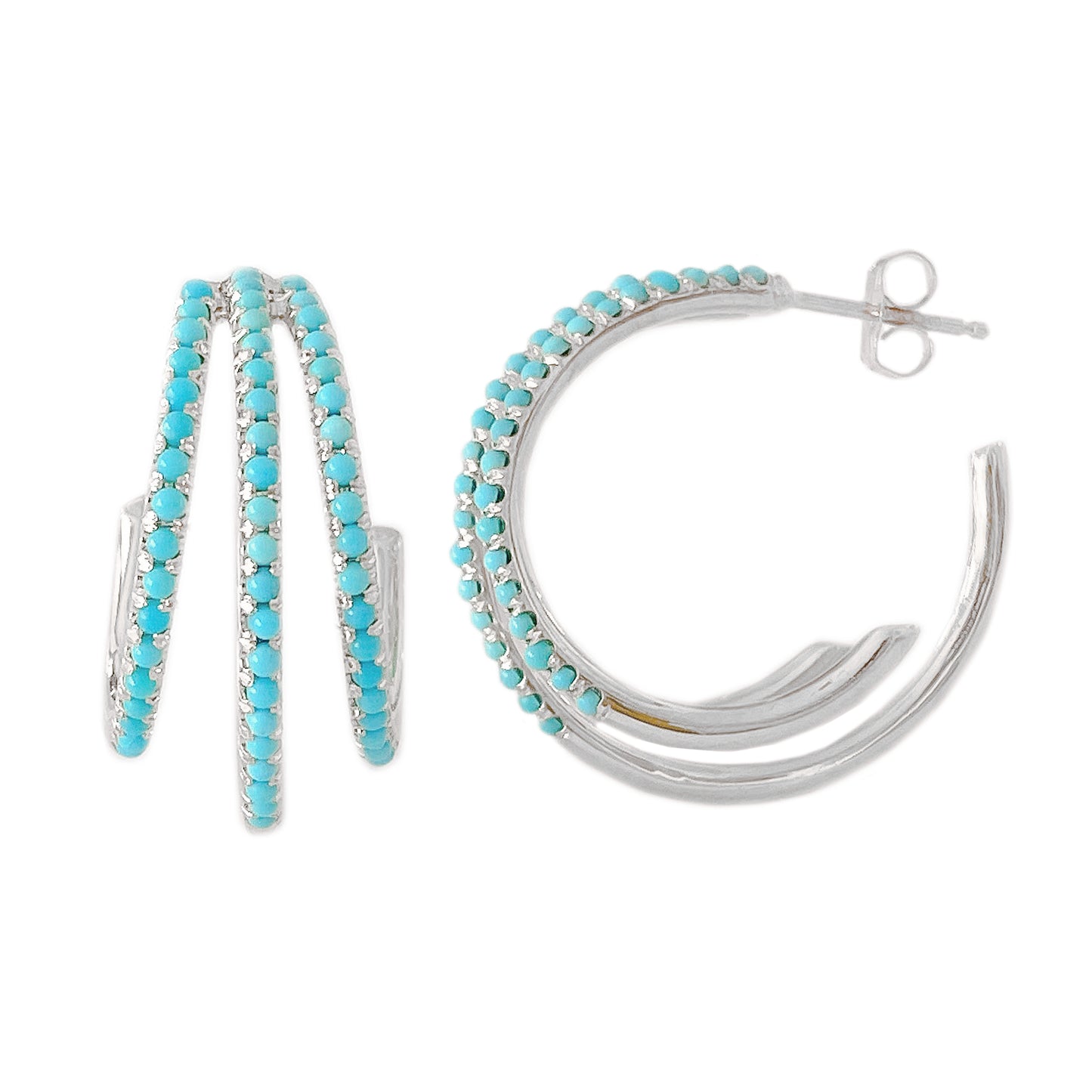 14K Gold Pavé Turquoise Triple XL Hoop Stud Earrings