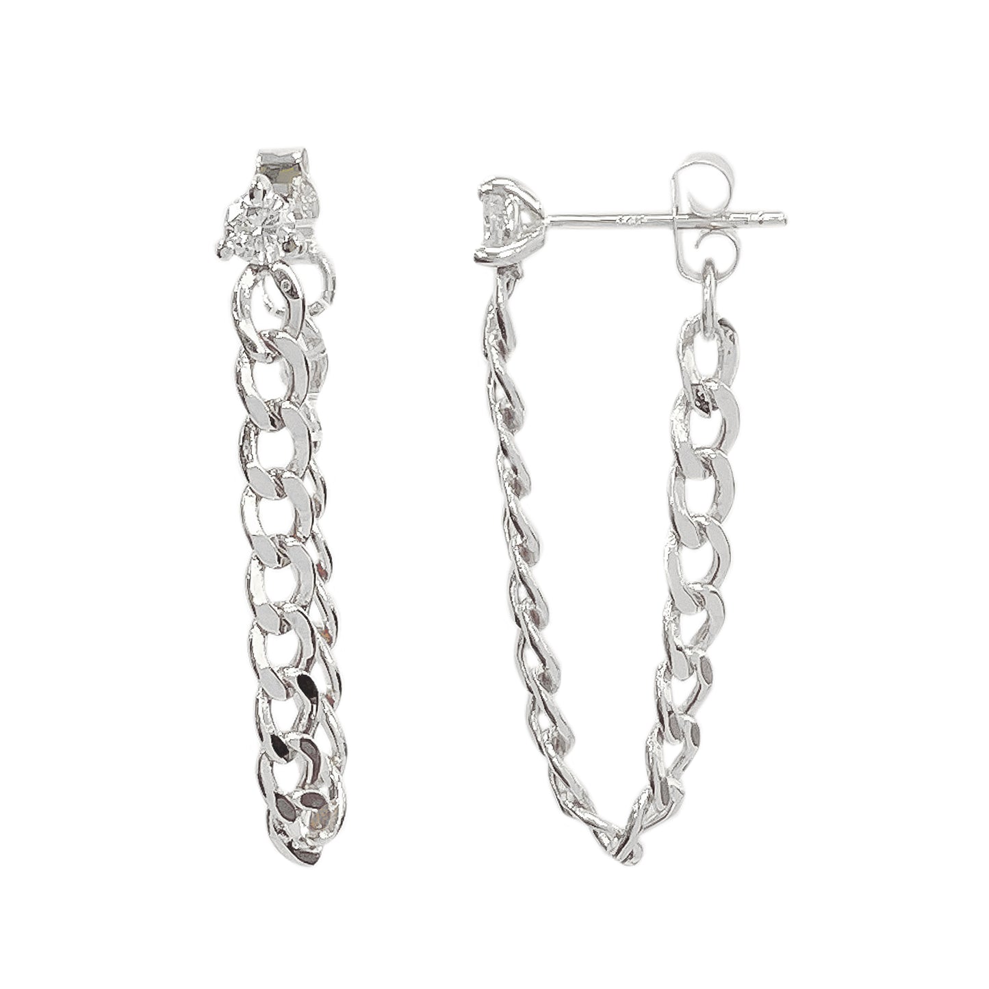 3mm Diamond Solitaire 14K Gold Open Curb Link Chain Dangle Stud Earrings