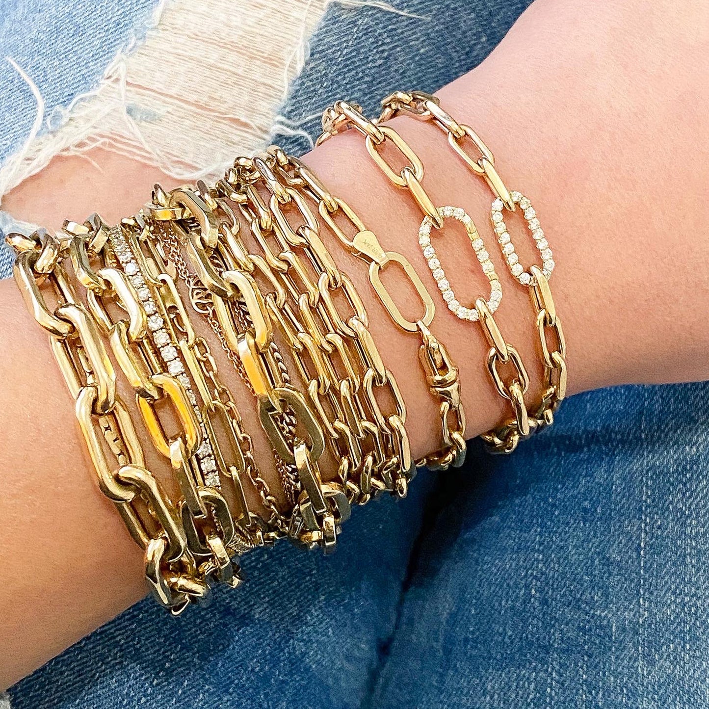 14K Gold Thick Flat Oval Link Bracelet, Large Size Links