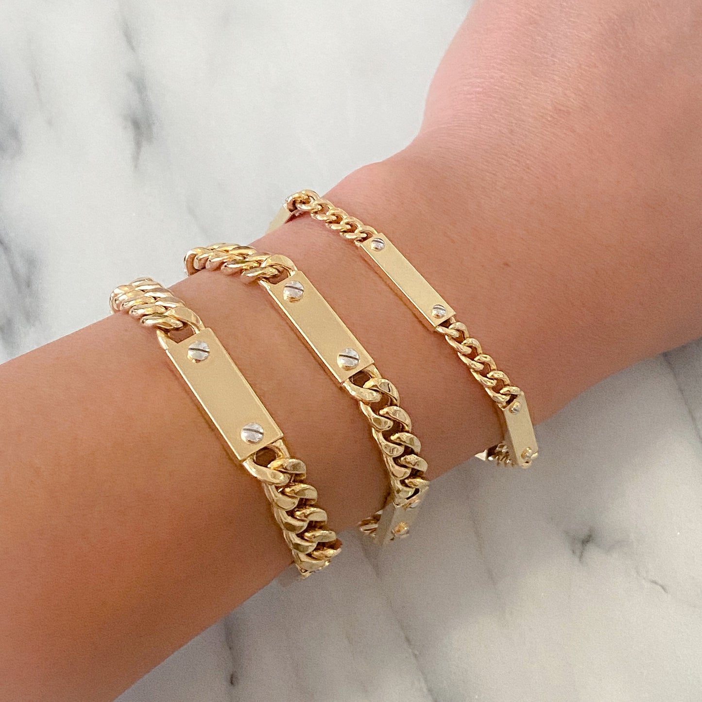 14K Gold Cuban Link Bar Chain Bracelet, Large Size Links
